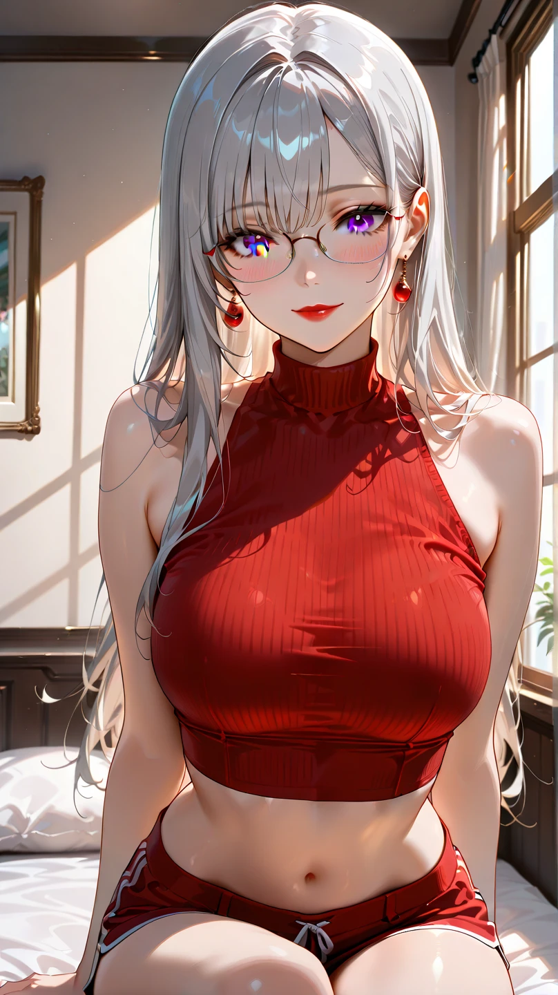 ((Sketch)), ((Watercolor)),((best quality)) ((best quality)), ((masterpiece)), (detailed), HD, Highly Detailed, 4k image, anime style, beautiful young girl, tanned white skin, waist-length silver-red colored hair, soft facial features, heterochromatic eyes(left eye: silver)(right eye: red), gothic sundress, cherry red plump lips, large E-cup breasts, short height(160cm). wide hips and large round ass, silver round-frame glasses
