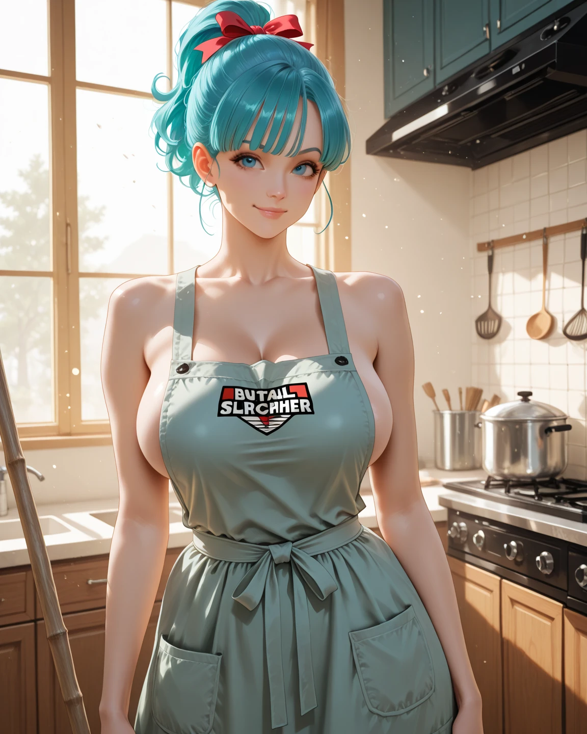 pov,looking at viewer,(light pink blouse),(pink long skirt),((light yellow Apron)),cowboy shot, from side, solo,noon time, kitchen,masterpiece, best quality, high resolution, 4k, ultra high resolution, highly detailed, highly detailed, beautiful eyes, beautiful hair, beautiful side, beautiful skin,shiny skin,good hands,,curvy,large breats,tamaki,(Mole under left eye),Cosmic eyes