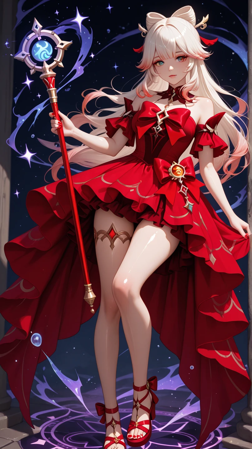 nsfw, Full body shot, Sailor Sedna, new Sailor Scout, adult woman, ((white sailor collar)), navel deep v neck cut, ((iridescent white leotard)), pearlescent silver pleated skirt, open crotch, nipple cutouts, ((red belt)), thigh high sheer white stockings, knee high white heeled boots, snowflake adornments, ((iridescent chestnut hair)), shoulder length hair, grey eyes, full huge breasts, deep cleavage, holding glass of wine, Tokyo night cityscape, glowing catholic cross in the sky, diffuse glowing filter, absolutely astonishing, masterpiece, 4k, ((masterpiece)), ((best quality))