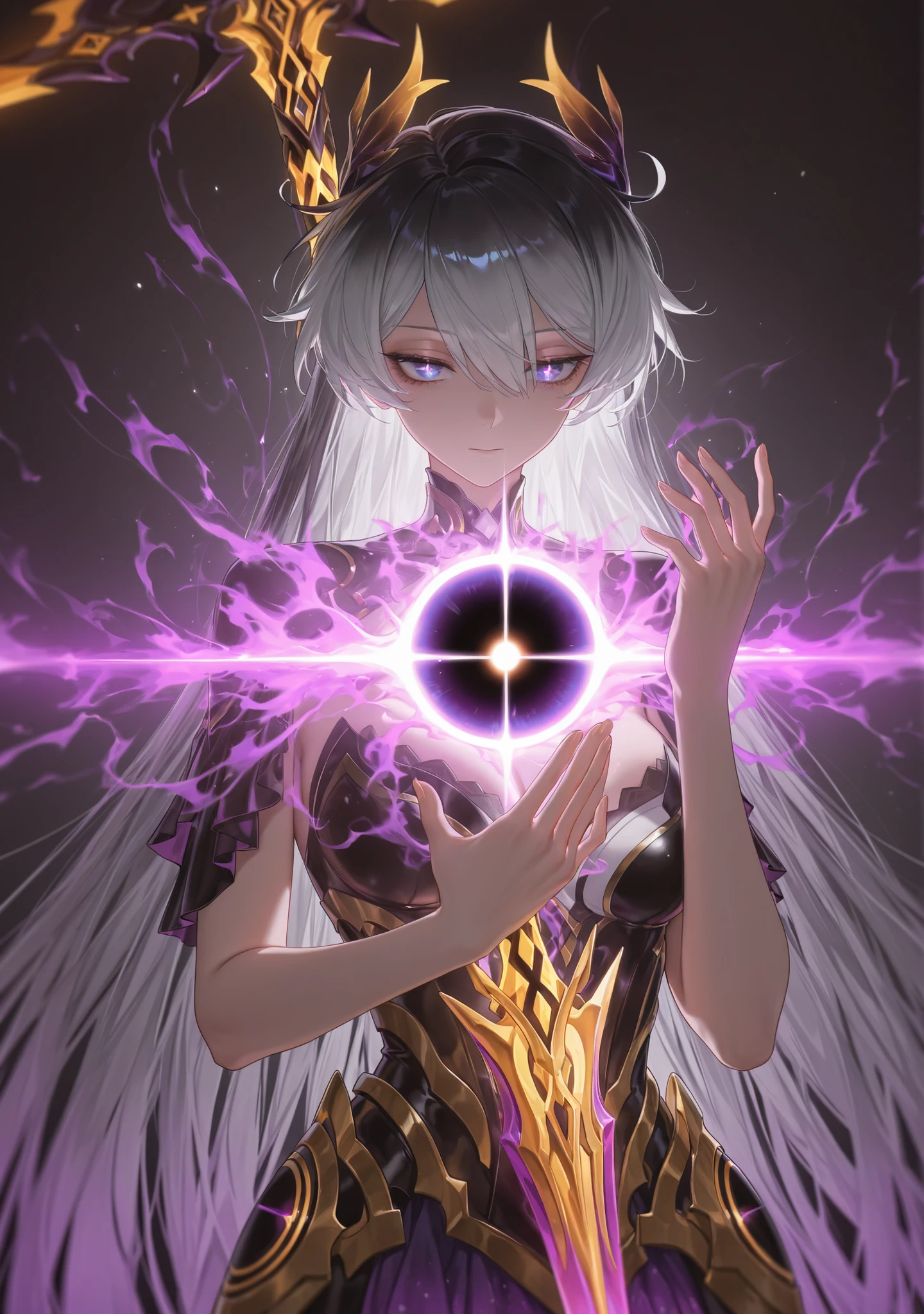 masterpiece, best quality, amazing quality, very aesthetic, high resolution, ultra-detailed, absurdres, (hands:-0.13),
(1girl, solo:1.33), (closeup, upper body shot:1.39), (KianaHi3, Fol005, Kia_Hof:0.12), narrow eyes, expressionless, (white hair:0.86), very long hair, (gradient hair, multicolored hair, black hair:1.13), two-tone hair, ,blue eyes, purple eyes, cosmic eyes, kiana kaslana, bright eyes, tsurime, w1rfram3, protoexcal, golden flames, golden sword, black hole star, black sun, purple aura, purple flames, (engulfed in purple energy:1.5), long spear, crystal spear, armored skirt,, tattered skirt, flowing skirt,
BREAK, depth of field, volumetric lighting
