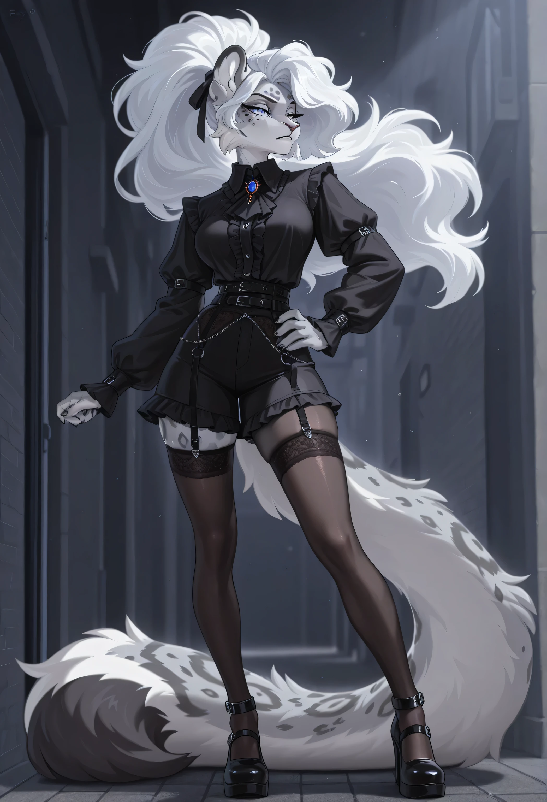 beautiful, female anthro snow leopard,adult ,goth, big fluffy hair ,25yo,Ponytail, work clothes, garter belts tights ,walk, heeled sexy pose