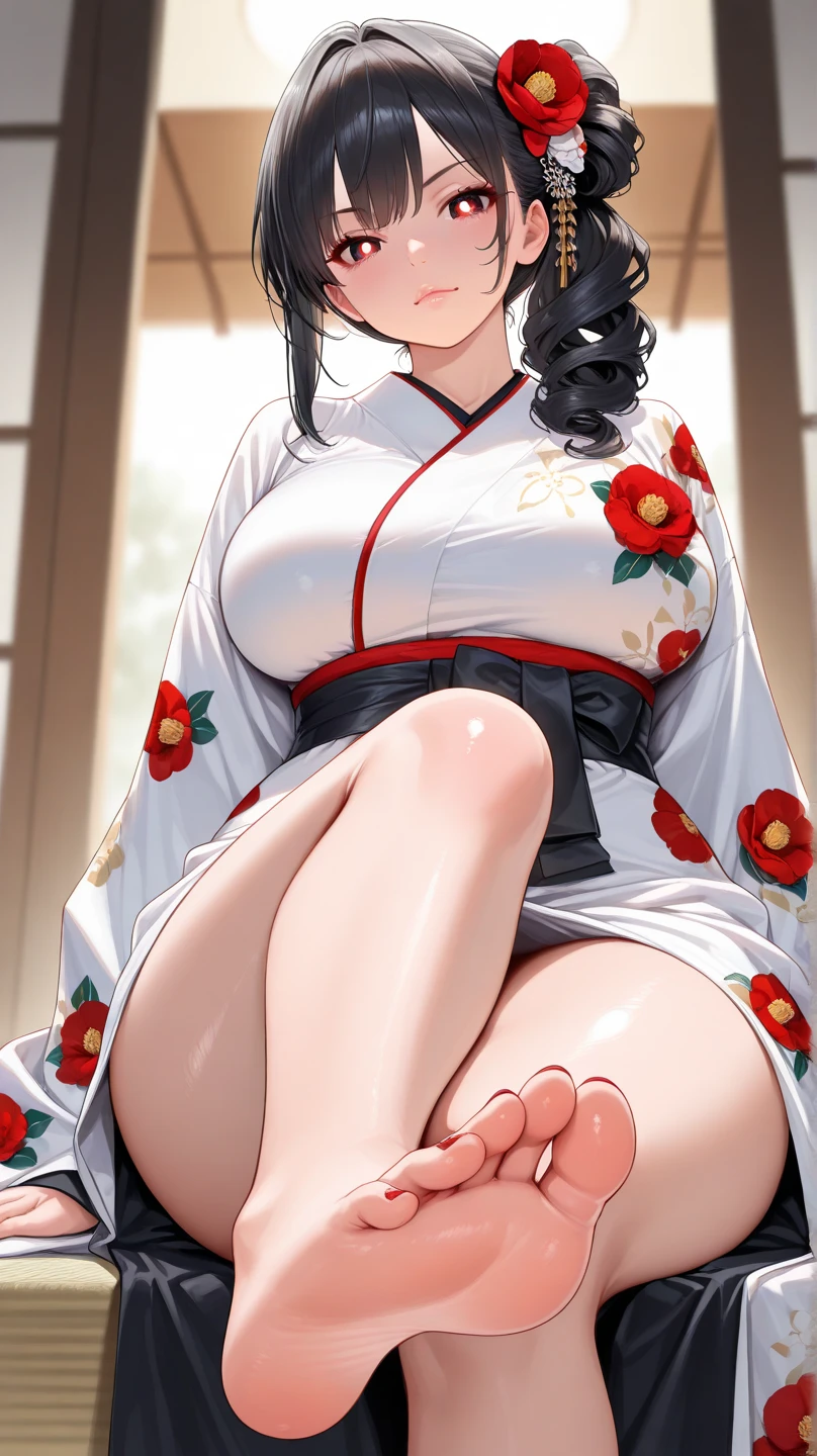nsfw, masterpiece, extra limbs, 1 japanese house wife, age sixties woman 60 years old, black chignon pubic hair, large breasts black nipples large dark areolas plump, (((satisfied))), wedding ring, standing breast hold,kimono,