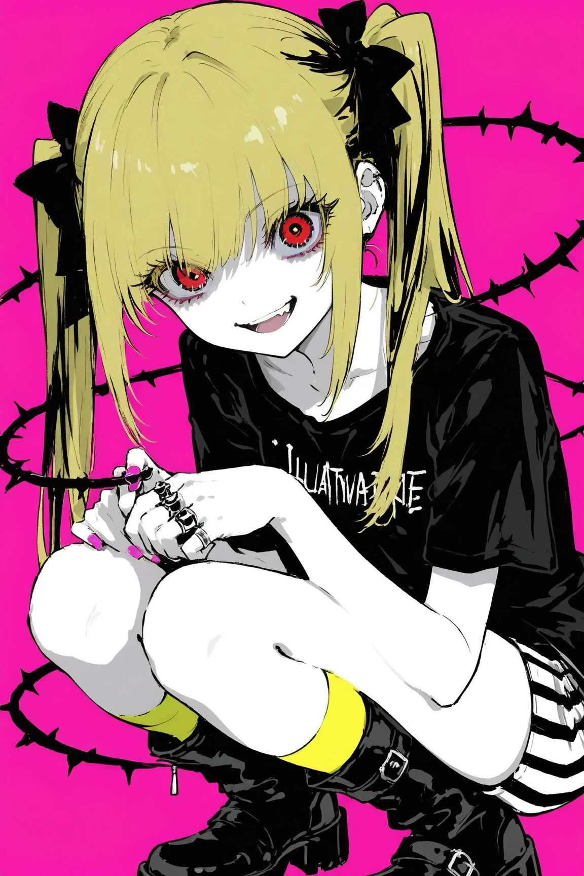 Madaraki_Fran,A girl ,stands,awkward,the madhatter ,surgeon ,wrinkles,concerned,(()), hairlong , yellow hair,seams , Scars on the body , A creepy look , scary eyes , An intimidating look , creepy smile , bags under eyes, ((((Tired))))nude,