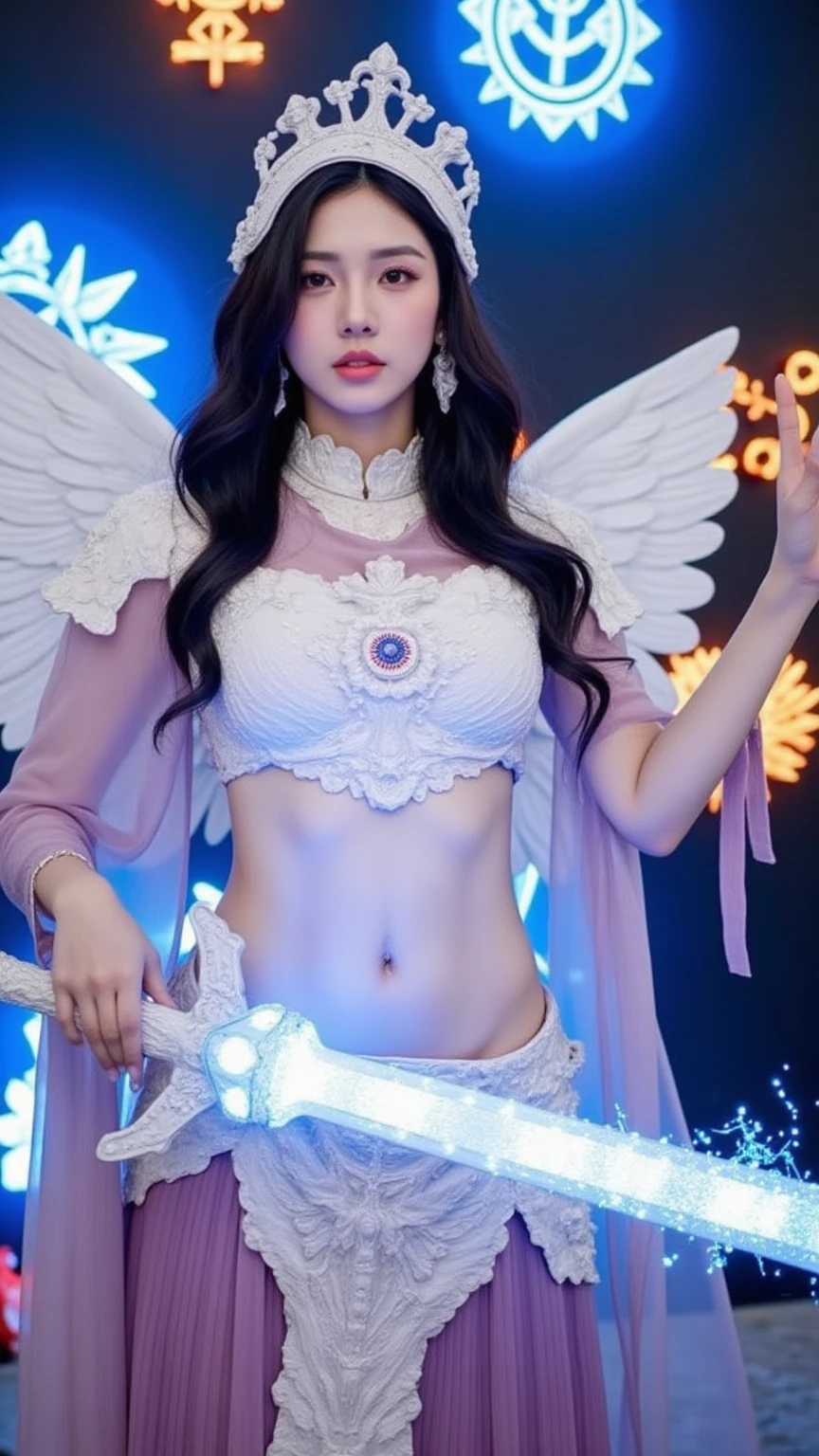 beautiful busty Angel, Wearing luxury dresses with intricate embroidery with golden threads that covers the whole body, luxury gowns with intricate embroidery with golden threads, Floating in the air, angel wings, (angel ring:1.3), outdoor, detailed face, detailed eyes, detailed lips, detailed nose, detailed foot, full body shot, giga_busty, (covered nipples:1.9)