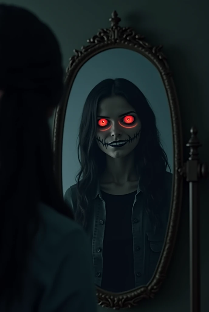 A dark, empty room with an ornate, old mirror standing in the center. The mirror’s reflection shows Emma, but with a sinister twist: her reflection's eyes glow red, and it grins menacingly. Behind her in the reflection, a shadowy, indistinct figure looms, its presence threatening. The atmosphere is thick with dread."