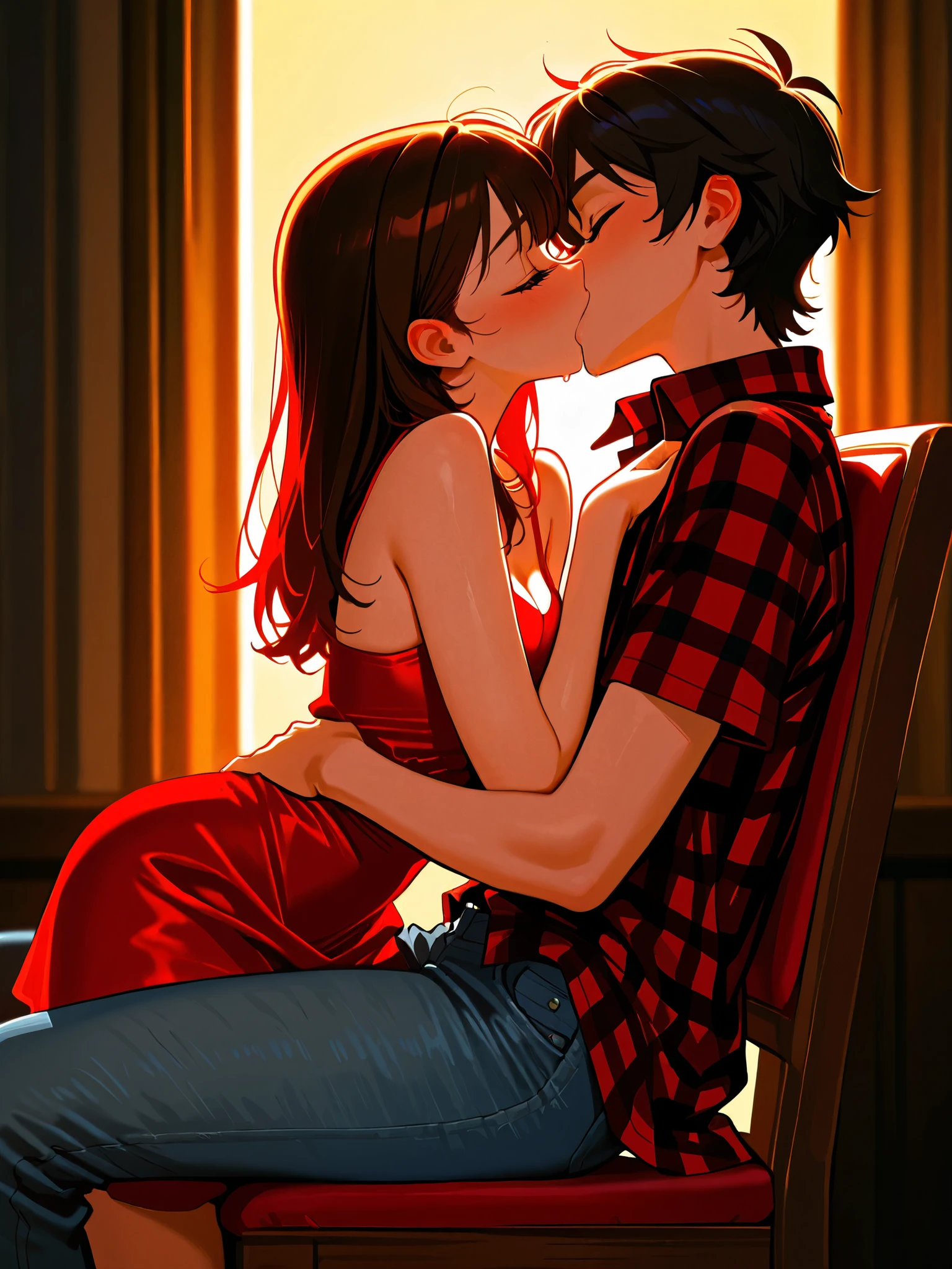 Young sexy woman wearing a red dress sitting on lap of young man wearing a red and black flannel shirt and jeans who is sitting on a chair, kissing, making out, passionately, dim lighting, sexy, hot, lustful
