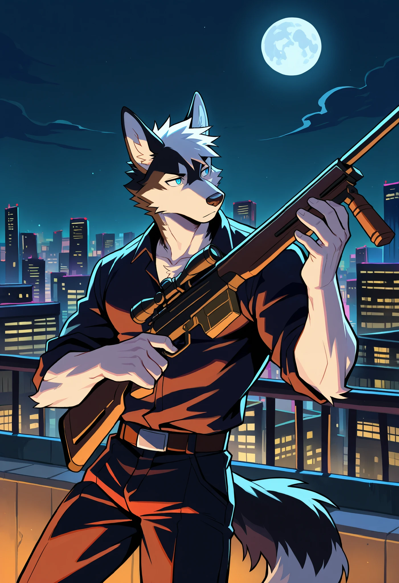 husky, black fur, long white hair, holding a sniper, hitman, male, skinny body type, neck tuff, cute, gay, rooftop, round eyes, mafia clothes on, pants on, cyberpunk, night, full moon, dark, perfect, detailed, perfect body type, high resolution, anatomically accurate, detailed eyes, Best quality , 5 fingers, Ultra High Resolution, Delicate Eyes , Handsome,由null-ghost,Takemoto Arashi, Handsome,delicate face