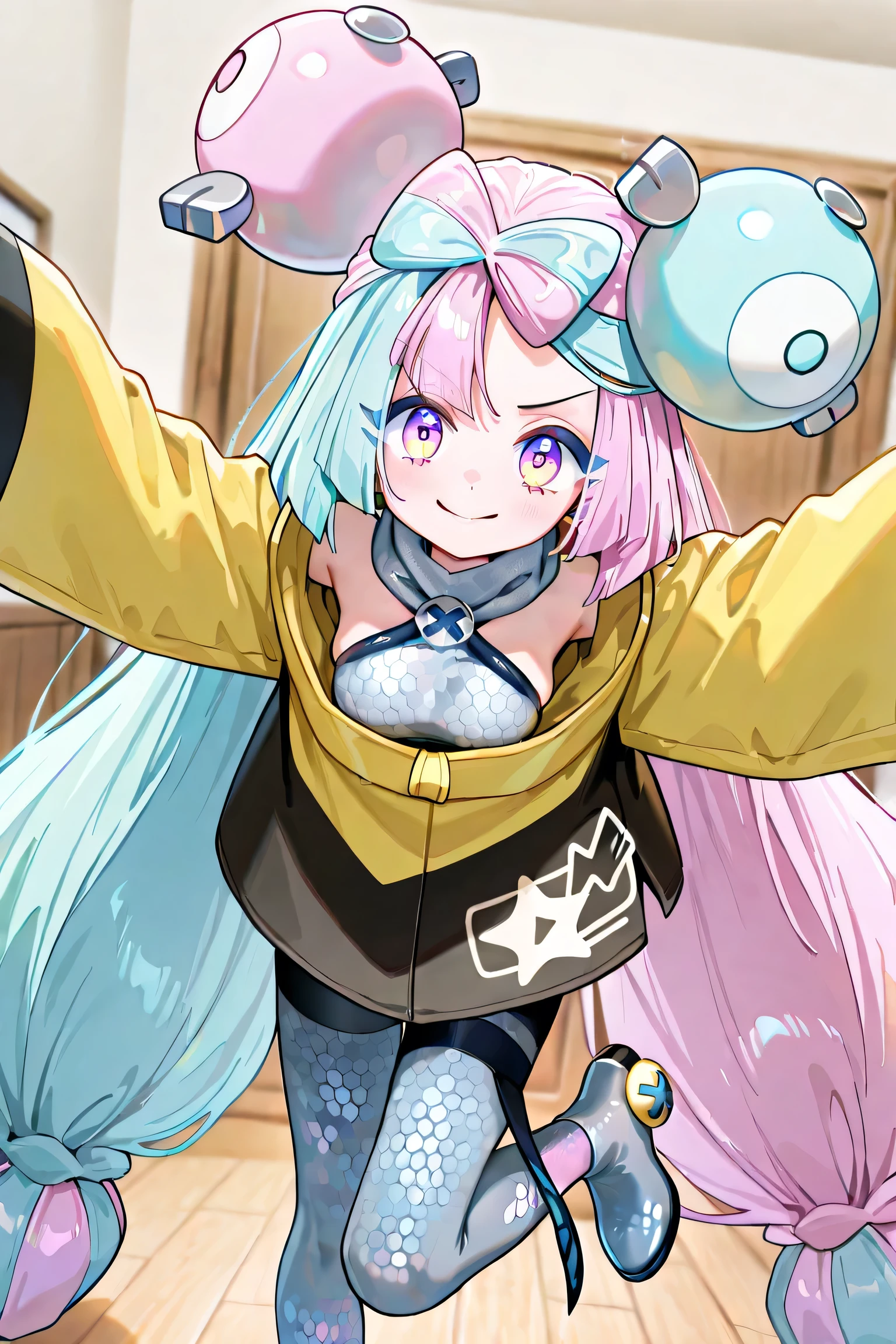 iono (Pokémon Scarlet and Violet), young girl , ((((Just 1 Iono)))), medium breasts, very long hair, twintails, bicolor hair, light blue and pink hair, two-toned eyes, pink and blue eyes, ((joyful expression), animated smile, face scarf, anime clothes/jogo, large yellow jacket, long sleeves, cheomgsam gray plaid, Cheomgsam short, short black short, gray plaid pantyhose, pantyhose on one leg only, black shoes, extremely detailed clothes, standing, inside the house, Seen from the front , angle of the image facing the viewer, dancing, 4k, Best Quality, obra-prima.