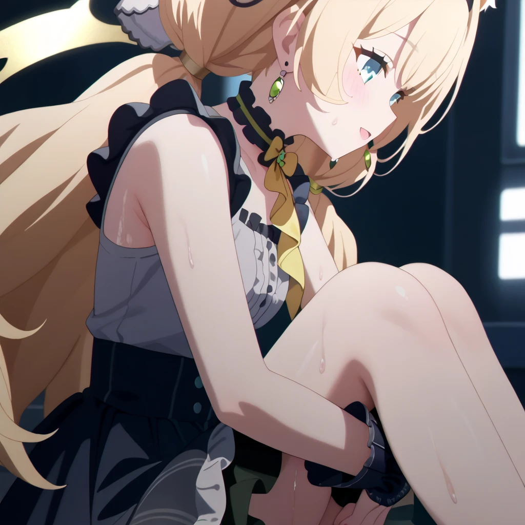 nsfw,((One man and one woman,Having sex)),on stomach,from behind,Showing off her nipples,masterpiece, best quality, highres, hmaw1, long hair, hat, black dress, long sleeve, black sleeves, white bloomers, cowboy shot, Simple Background