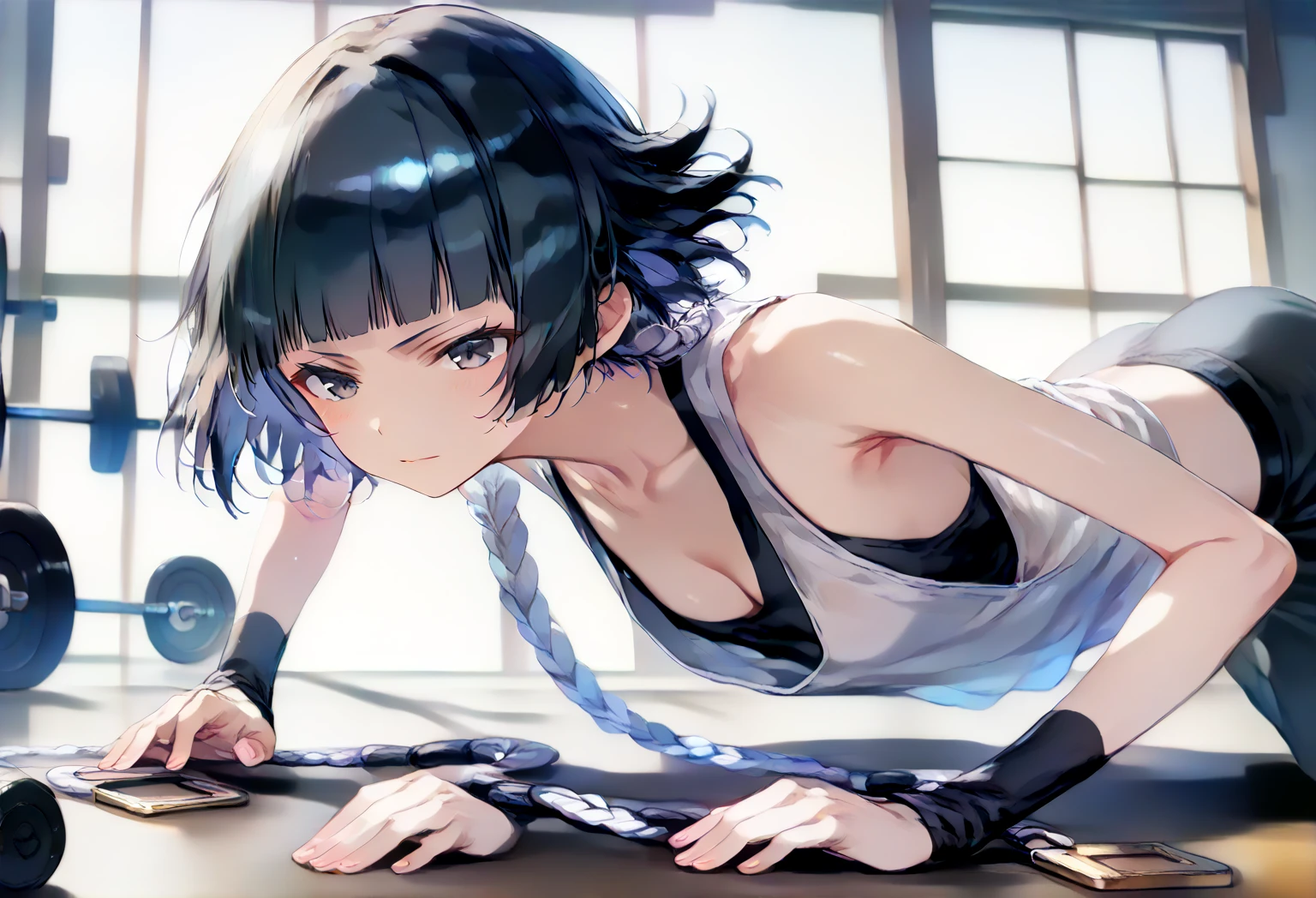 Bobcut、Black-haired 、Sweating at the gym、Desperate form、Sweaty、indoor、Many other guests、Wearing a jersey、No exposure、in motion、Grit your teeth