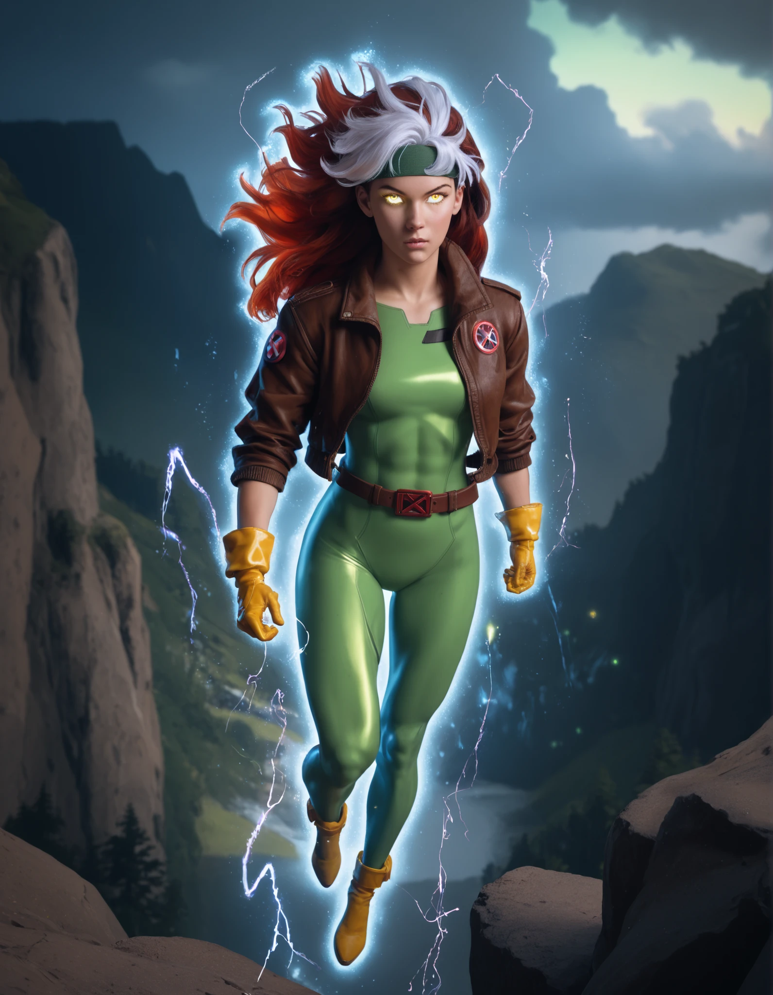 score_9, score_8_up, score_7_up, source_anime, 1girl, solo, DEFrogue, long hair, dyed bangs, headband, bodysuit, jacket, yellow gloves, belt, cr4ckl3, electricity, glowing eyes, whiteglow, outdoors, floating, full body, aura energy, UltraInstInctAura, aura, light particles, glowing skin, glowing clothes,

