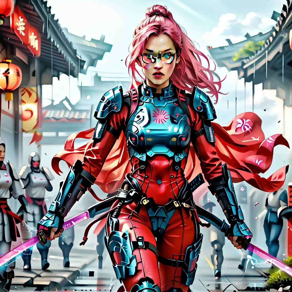 Cifangyi, CGI, women, pink hair, long hair, ponytail, weapon, katana, bodysuit, cape, wind, pink, glasses, armor, blue eyes, thigh straps, in action, running, jumping, fighting. The level of detail is inspiring, with intricate elements meticulously crafted, volumetric effects adding depth and dimension, and the photorealism is unmatched. The image is rendered in 8K resolution, ensuring ultra-detailed images. Volumetric rays add a touch of magic, highlighting their beauty and aura in a supernatural way. High dynamic range (HDR-10) technology makes the nuclei stand out, adding richness to the overall composition.
