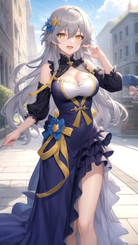 ((highly detailed)), genshin impact, keqing, perfect human hands,(great breast:1.1),relaxed pose, ((fit female)) , super perfct body curve, masterpiece, 4K, detailed, perfect face, (20 years old) language, fit figure, gorgeous perfect face, happy expression, realistic style and super detailed renderings, superrealism, super-realistic oil, contour shadow-procesull body portrait, standing, (((hands on waist))), high res, ultrasharp, 8K, masterpiece, looking at viewer, blushing, chinese city in the background, super detailed eyes, (beautifull eyes), (holding a sword:1.1), (((white dress:1.1)))