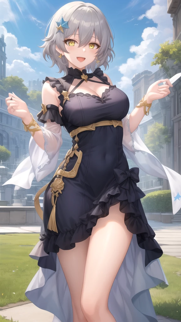 Masterpiece, ultra detail, high quality, 8k cg, (huge breasts), lisadef, blush, bright eyes, standing, outdoor, (fantasy world:1.2), slim body, narrow waist, upper body, smile, waving at the camera