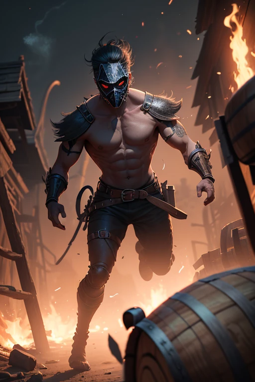 ((best quality)), ((masterpiece)), (detailed), 2mens are fightings (god of war)(kratos), painting skull face, using axe and blades in the desert rocks, one man got hit by kratos axe and the bloods comesout from the body, semi dark lights, lightnings and thunder