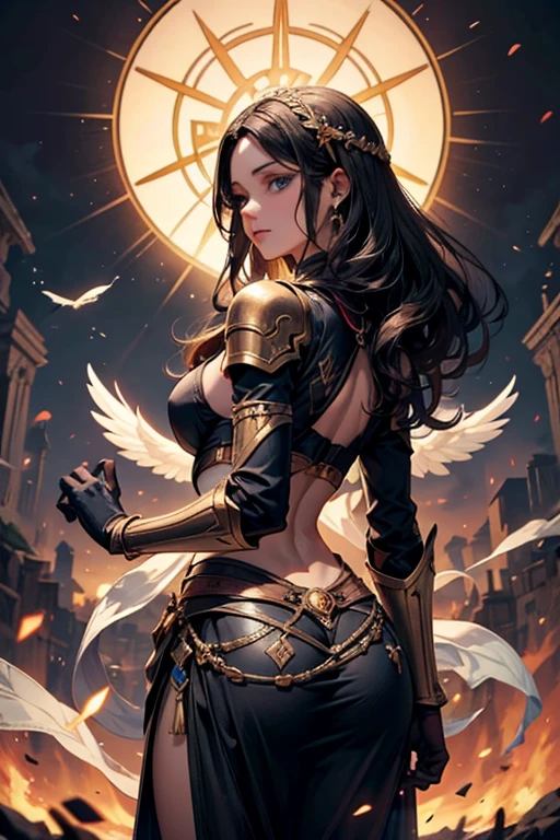 A beautifully tragic scene unfolds as a peasant girl gracefully navigates through a solemn landscape strewn with the lifeless bodies of noble knights. The image, perhaps a sorrowful painting, captures the delicate balance between beauty and sorrow. Each step she takes is filled with ethereal grace, her flowing gown contrasting against the darkened earth. The girl's youthful visage, untouched by the horrors surrounding her, shines like a beacon of hope amidst a sea of despair. With exquisite attention to detail, the intricate brushwork brings life to her radiant features and the fallen warriors' armor. This mesmerizing artwork conveys the fragile juxtaposition of innocence and mortality, leaving viewers captivated by its profound storytelling. sultry look, seductive,