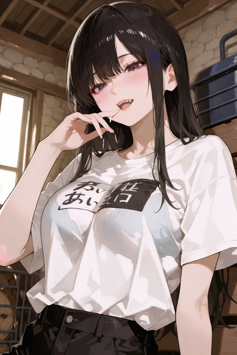 solo girl, upper body, white shirt, dark green hair, purple eyes, (8k, hyper-realistic art, high resolution), ultra-realistic, blushing, smile at the audience, (magazine cover), soft lighting, neutral color palette.