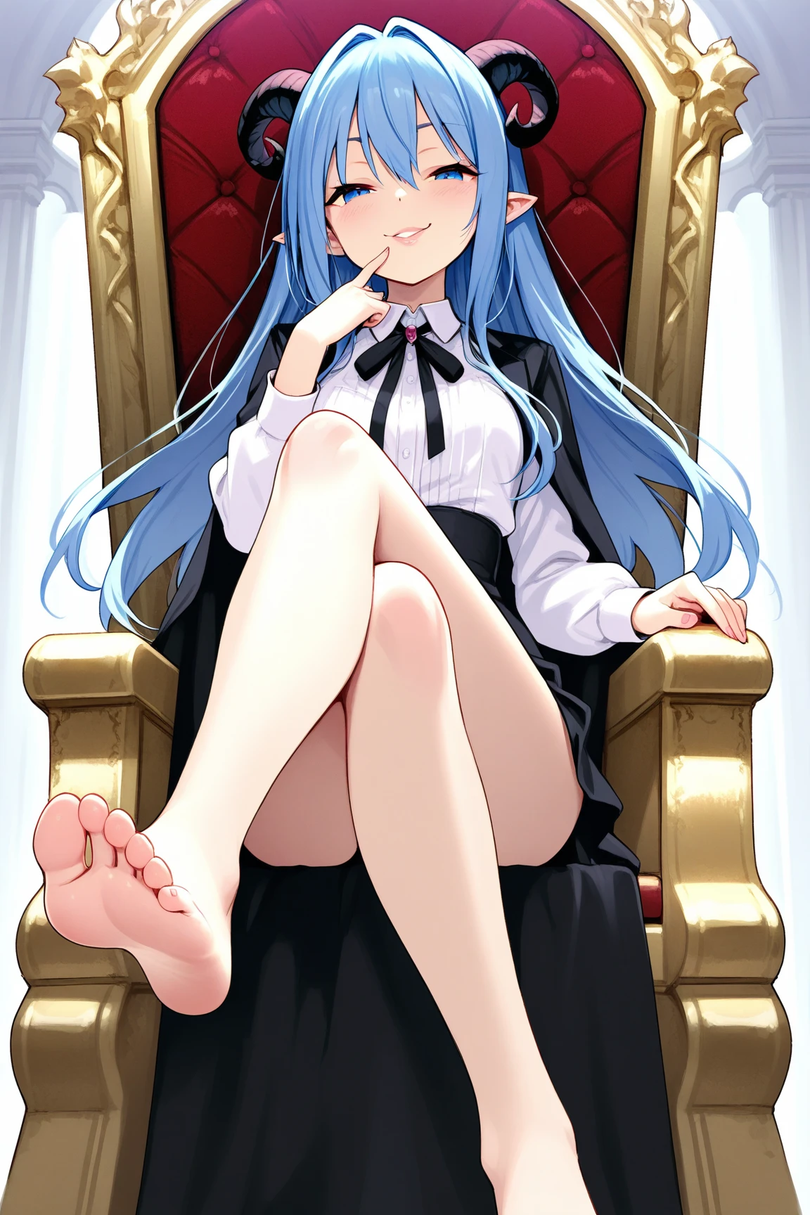side view,feet,masterpiece, ,high quality,,living room,sofa,uncensoed POV CHEST FOCUS,night time, ,large breasts, , sitting , 1leg up ,head tilt,laughing, , , , <lora:Maizono_Sayaka_V1:0.8> Maizono Sayaka, Danganronpa, blue hair, long hair, bangs, blue eyes, hair ornament, blue hair, hairclips, ,muscular , <lora:Psycho_FeetPov2:0.8> FP, crazy girl smile, showing soles, sitting on a throne, score_9, score_8_up,score_7_up,score_6_up,, , elbow_gloves,black_dress,mini_top_hat,,black_hat,single_glove,striped_gloves,,
