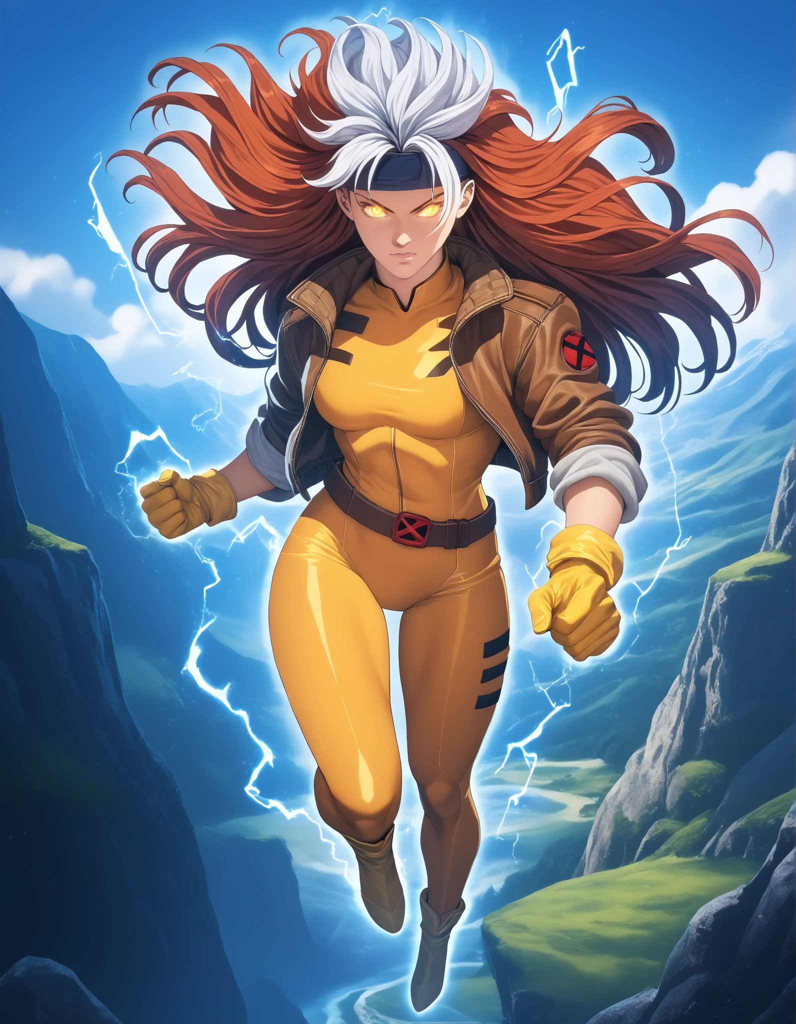 score_9, score_8_up, score_7_up, source_anime, 1girl, solo, DEFrogue, long hair, dyed bangs, headband, bodysuit, jacket, yellow gloves, belt, cr4ckl3, electricity, glowing eyes, whiteglow, outdoors, floating, full body, aura energy, UltraInstInctAura, aura, light particles, glowing skin, glowing clothes,homare artstyle

