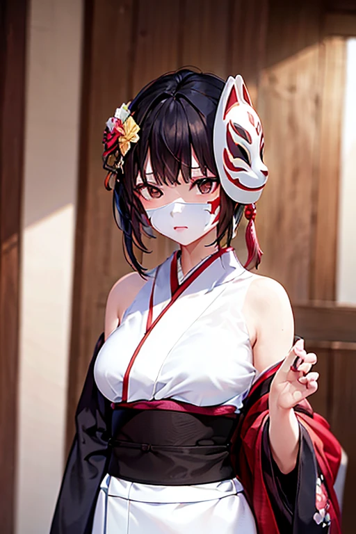 simple background, monochrome, horror (theme) there is a broken picture, black paint splatted, red blood splatted, smoked, red blood (((anime girl character))), big boobies, wearing a mask, (((she is holding a bloody samurai sword)))
