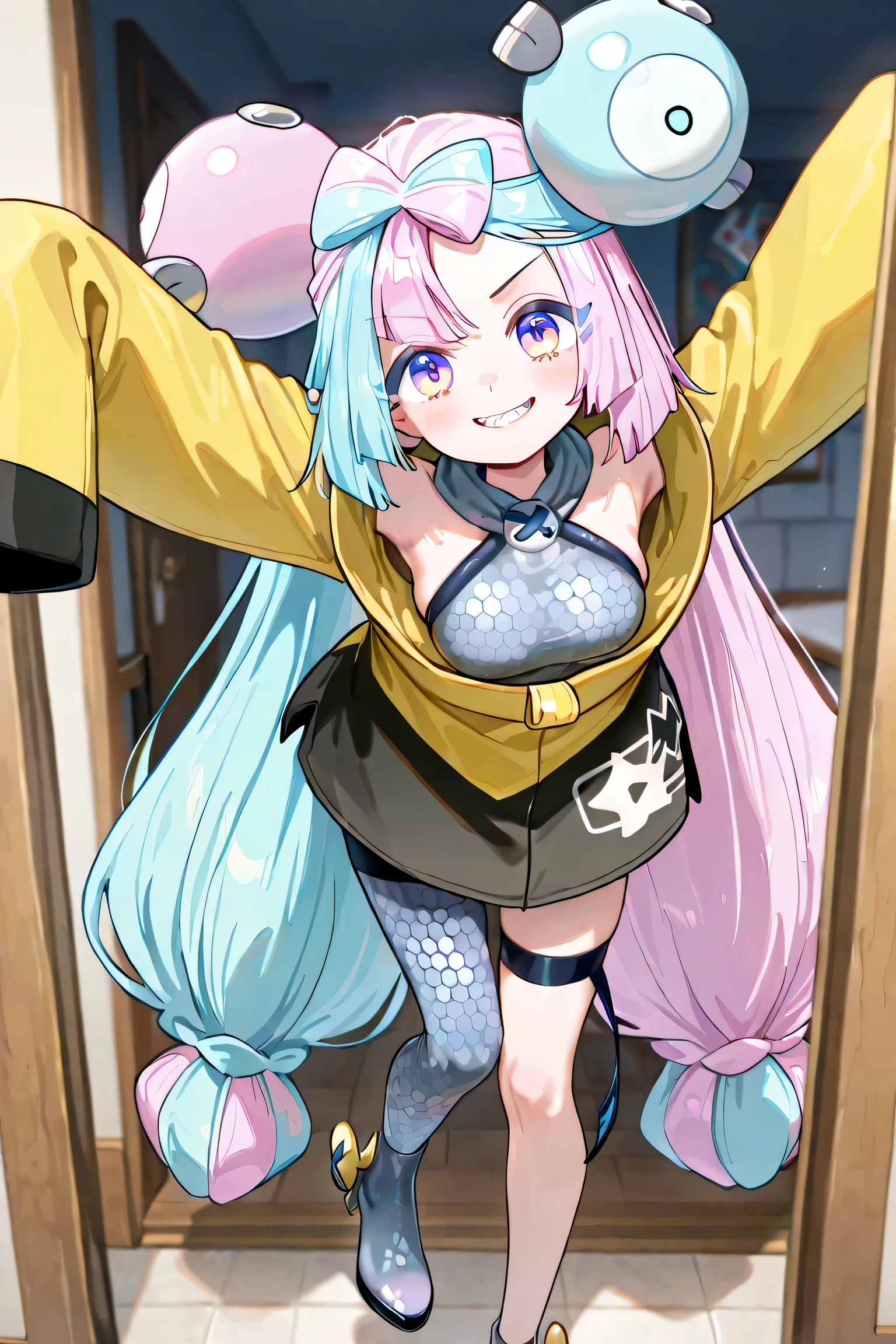 iono (Pokémon Scarlet and Violet), young girl , ((((Just 1 Iono)))), medium breasts, very long hair, twintails, bicolor hair, light blue and pink hair, two-toned eyes, pink and blue eyes, ((joyful expression), animated smile, face scarf, anime clothes/jogo, large yellow jacket, long sleeves, Cheomgsam gray checkered, Cheomgsam short, short black short, gray checkered pantyhose, pantyhose on one leg only, black shoes, extremely detailed clothes, standing, inside the house, Seen from the front , angle of the image facing the viewer, leaning to the left, arms raised, 4k, Best Quality, obra-prima.