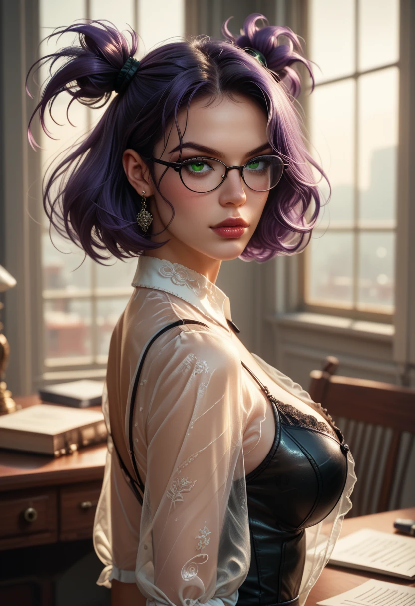 Quality first,masterpiece in detail,30 year old beautiful woman wearing glasses, purple hair,Be a teacher,sportrait,closeup cleavage,in class room,fresh flowers,Rich in color, cleavage, thigh