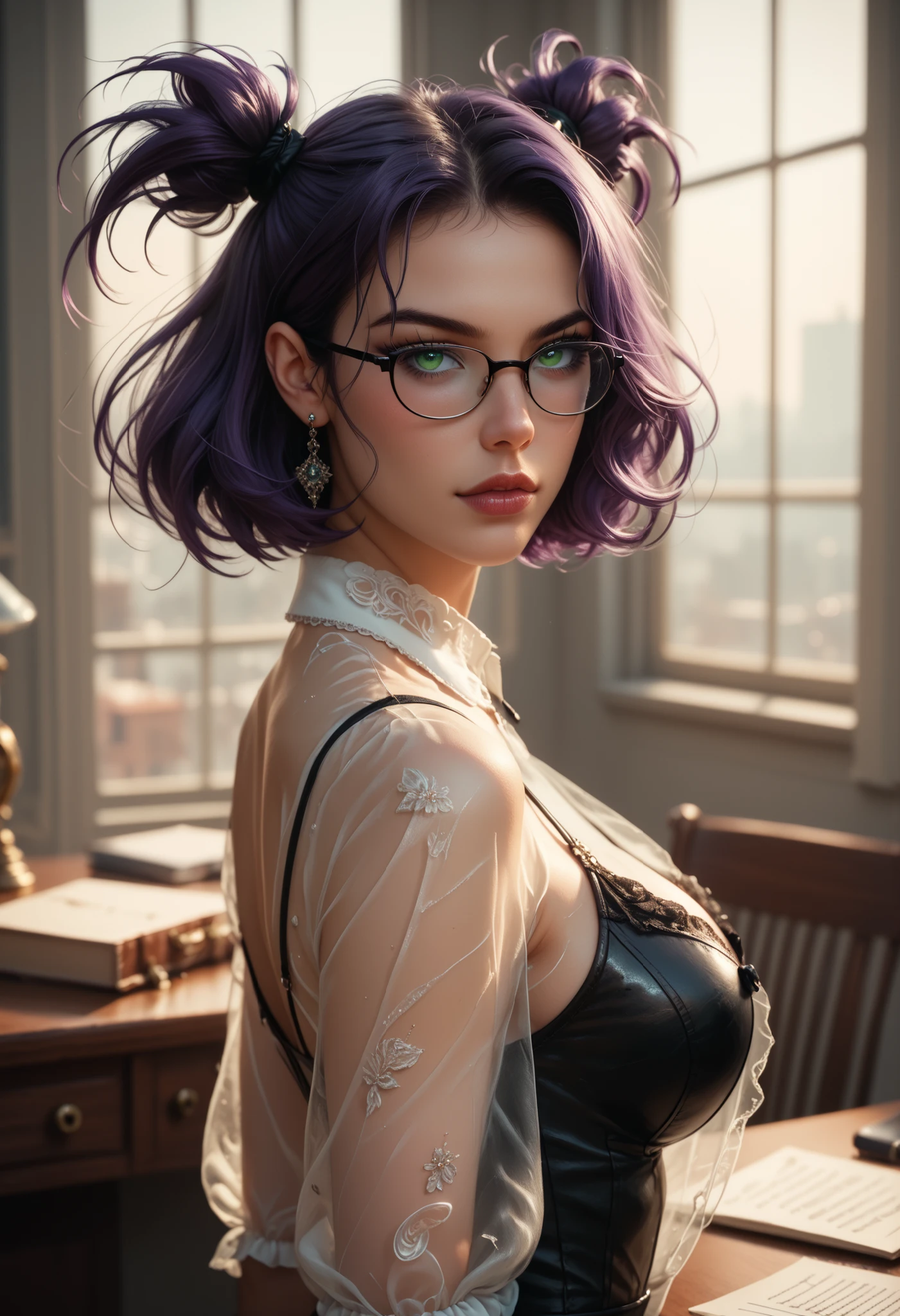 masterpiece, amazing quality, hyper-detailed, very aesthetic, high detailed picture, look at you, dynamic pose, dynamic angle, seductive, (a aesthetic nightmare), solo, detailed face, melancholic expression, dark smoky atmosphere, moody lighting, intricate details, cinematic composition, dark, digital art, rounded face, UnylIll, two side up, 1girl, green eyes, purple hair, short hair, hair tie, look at you, Greg Capullo style, beautiful and sexy secretary with short black hair, wears glasses, make-up rosso, side view, standing with his hands resting on the desk, wears a black leather miniskirt and a transparent white blouse that is completely open on her big breasts, perfect anatomy