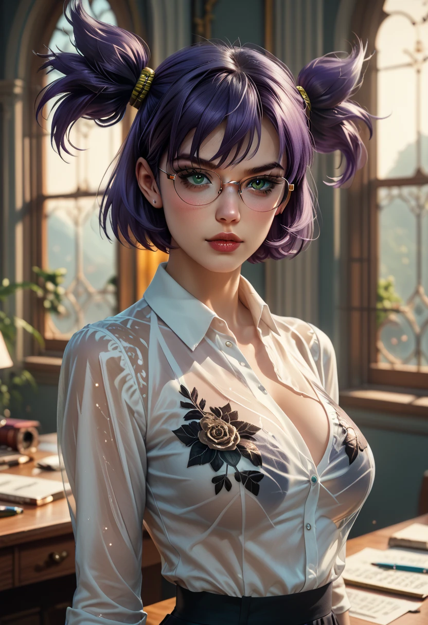 masterpiece, amazing quality, hyper-detailed, very aesthetic, high detailed picture, look at you, dynamic pose, dynamic angle, seductive, (a aesthetic nightmare), solo, detailed face, melancholic expression, dark smoky atmosphere, moody lighting, intricate details, cinematic composition, dark, digital art, rounded face, lena, purple hair, green eyes, short hair, short twintails, twintails, two side up, bangs, look at you, Greg Capullo style, beautiful and sexy secretary with short black hair, wears glasses, make-up rosso, side view, standing with his hands resting on the desk, wears a black leather miniskirt and a transparent white blouse that is completely open on her big breasts, perfect anatomy