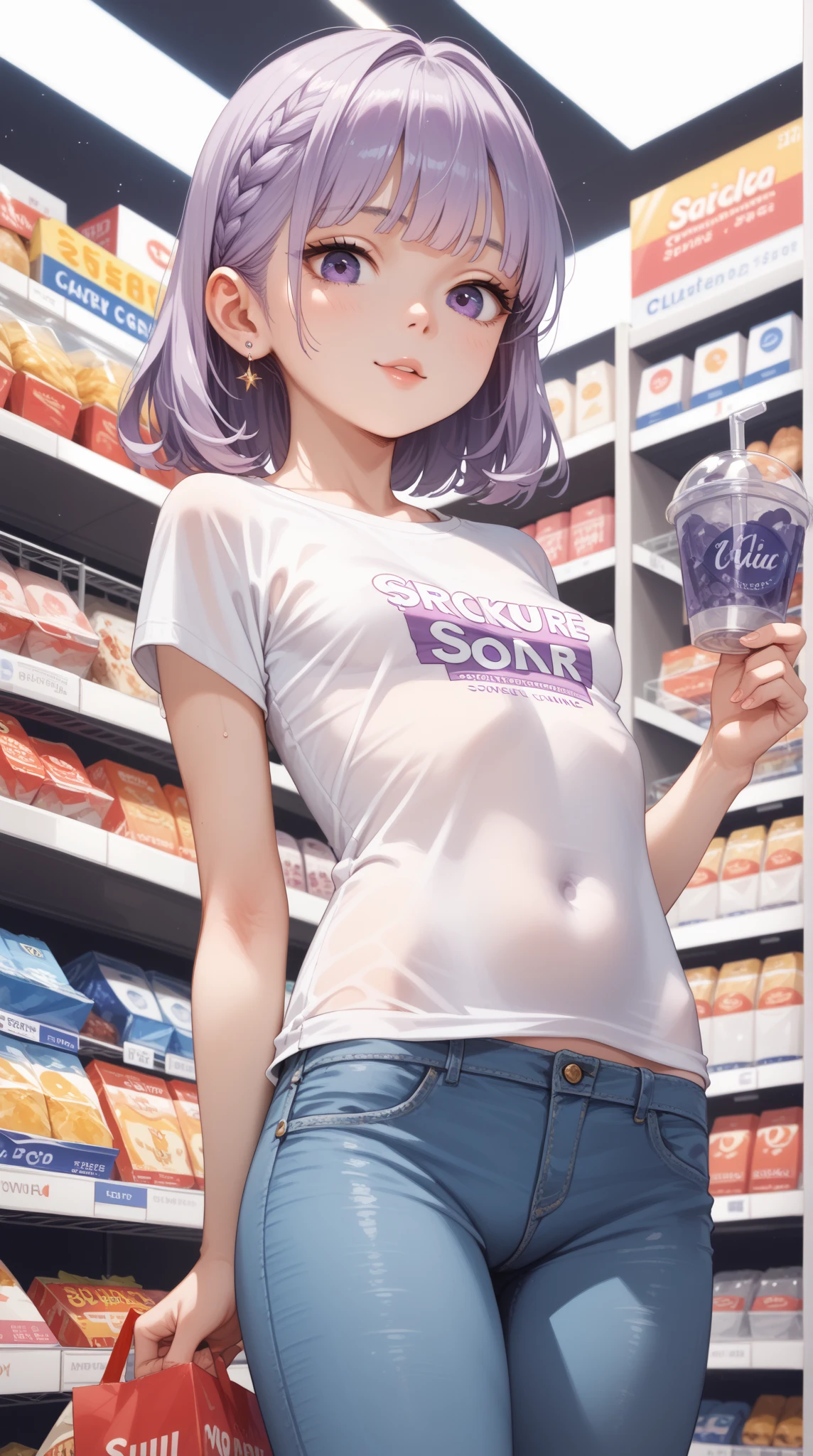 (whole body), he was a femboy, wore a black jacket, in a hoodie, Messy white hair, he was standing, blushing a lot, in a store, we bought a huge dildo, the salesman looked at him with a mischievous face, the femboy was shy and excited looking at the dildo, he was wearing short black shorts and black socks, ele tava in a store de sex toy, looking at the counter and the salesperson, dildo in his hand, in the other hand he pulled the hood to cover his face but failed