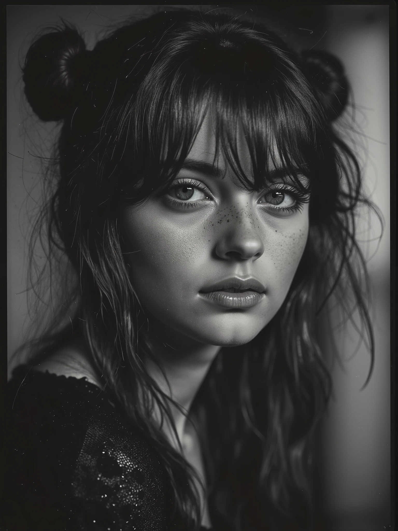 Sexy country gothic girl noir, (darkly surreal and gritty innocence++”), presenting a steamy black and white reportage style documentary photograph of the beautiful bohemian Russian country princess Bella Vonâge. This is her breathtaking pure au natural gothic country girl look, untamed, bathed in dark desire, gut wrenching beauty, it’s Bella’s unveiling in luxurious black and white, shot in a derelict barn, her perfect size 12 body is decadent and disarming, porcelain skin covered in gothic skull & bella donna lilly tattoos, my god she’s beautiful, (a moody and erotic black and white photograph) and fashion editorial print campaign featuring Bella Vonâge, spectacular photorealism, riveting and risqué, lush blacks and crisp highlights, a truly stunning avant garde black and white erotic boudoir portrait photograph of the pretty and sexy gothic country farm girl-Bella Vonâge, (super sexy, pretty face, candid beauty, au natural, angelic eyes, seductive look, luscious lips, perfect teeth, perfect hands, perfect body symmetry, (goddess like perfection), (playfully provocative), iconic beauty, absolutely stunning, drop dead gorgeous, (dark blonde hair), (twin buns hairstyle, layered bangs, cute freckles), ((voluptuous and perfectly plump)), (“mischievous and enigmatic smile, smouldering gothic country noir++”), she’s wearing a sexy bohemian country style dress, sexy pose, breathtaking looks, so absolutely surreal, capture that awe inspiring, mesmerising and melancholic look with her naughty hypnotic stare. Bella vonâge is a sexy American southern bell, white Greek, Norwegian-French-bohemian and Russian descent), epic composition, beautiful depth of field, stylish monochromatic bokeh, kinky fetish and award-winning erotic boudoir photography by the Kings of Kink—Helmut Newton, Herb Ritts, Rick Castro & Robert Mapplethorpe, Sam Haskins, Eli Reed, Man Ray, beautifully shot in medium-format, using moody Cinestill (Eastman Kodak 5222) Double-X Black & White 120mm Film stock.