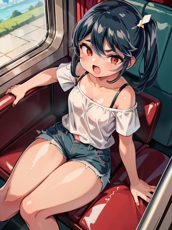 Asian ,Young Woman,sitting on train,Tank top,Denim skirt,Yawn,Beautiful legs,Small breasts,I can see her panties
