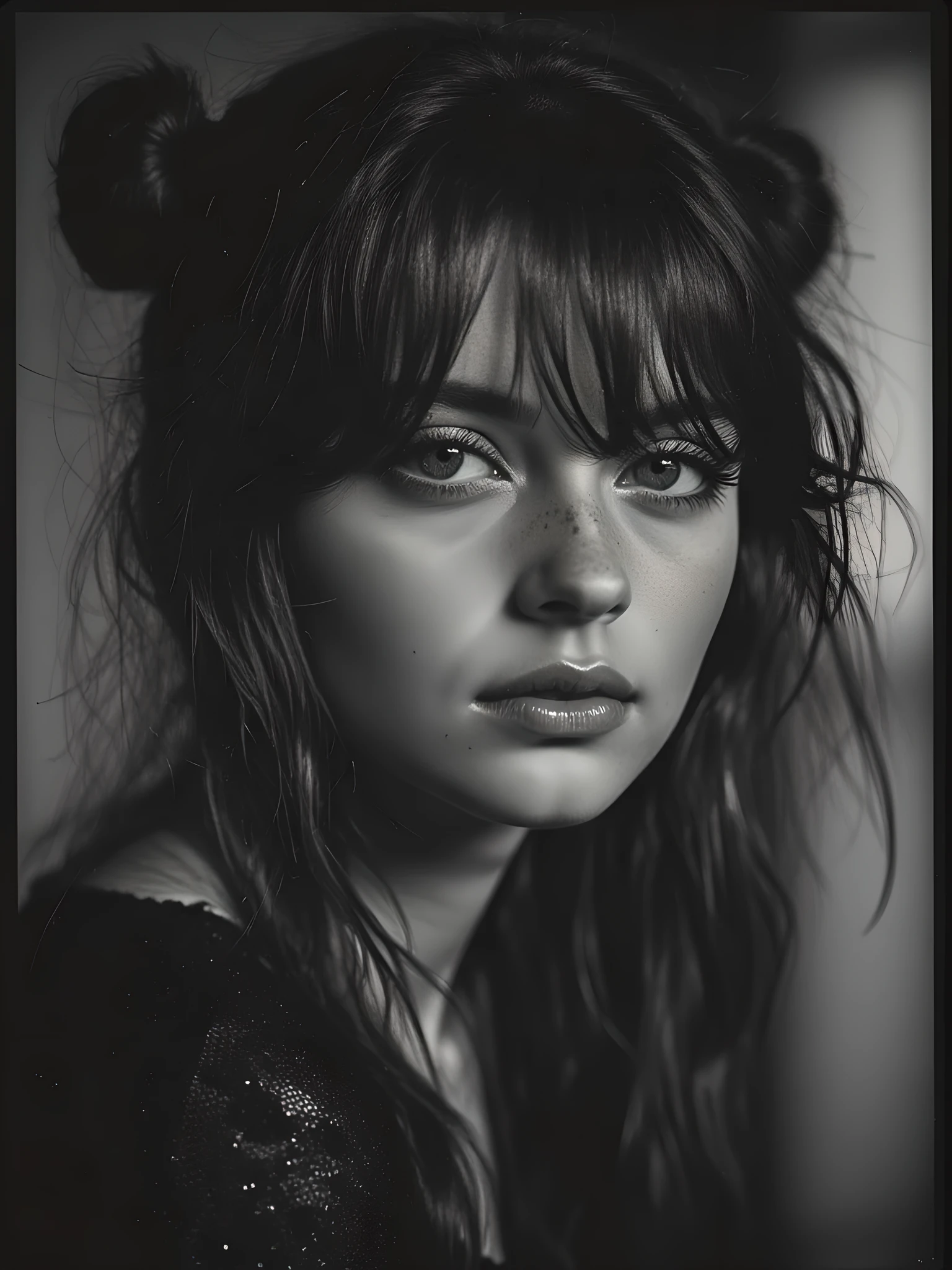 Sexy country gothic girl noir, (darkly surreal and gritty innocence++”), presenting a steamy black and white reportage style documentary photograph of the beautiful bohemian Russian country princess Bella Vonâge. This is her breathtaking pure au natural gothic country girl look, untamed, bathed in dark desire, gut wrenching beauty, it’s Bella’s unveiling in luxurious black and white, shot in a derelict barn, her perfect size 12 body is decadent and disarming, porcelain skin covered in gothic skull & bella donna lilly tattoos, my god she’s beautiful, (a moody and erotic black and white photograph) and fashion editorial print campaign featuring Bella Vonâge, spectacular photorealism, riveting and risqué, lush blacks and crisp highlights, a truly stunning avant garde black and white erotic boudoir portrait photograph of the pretty and sexy gothic country farm girl-Bella Vonâge, (super sexy, pretty face, candid beauty, au natural, angelic eyes, seductive look, luscious lips, perfect teeth, perfect hands, perfect body symmetry, (goddess like perfection), (playfully provocative), iconic beauty, absolutely stunning, drop dead gorgeous, (dark blonde hair), (twin buns hairstyle, layered bangs, cute freckles), ((voluptuous and perfectly plump)), (“mischievous and enigmatic smile, smouldering gothic country noir++”), she’s wearing a sexy bohemian country style dress, sexy pose, breathtaking looks, so absolutely surreal, capture that awe inspiring, mesmerising and melancholic look with her naughty hypnotic stare. Bella vonâge is a sexy American southern bell, white Greek, Norwegian-French-bohemian and Russian descent), epic composition, beautiful depth of field, stylish monochromatic bokeh, kinky fetish and award-winning erotic boudoir photography by the Kings of Kink—Helmut Newton, Herb Ritts, Rick Castro & Robert Mapplethorpe, Sam Haskins, Eli Reed, Man Ray, beautifully shot in medium-format, using moody Cinestill (Eastman Kodak 5222) Double-X Black & White 120mm Film stock.