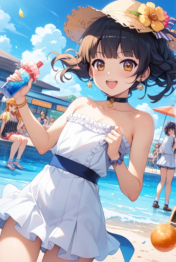 (masterpiece),(Highest quality),(Emotional)、Pool Party。Host a party at a friend's pool、Enjoy playing in the water together。While playing with swim rings and beach balls、Forget the summer heat。