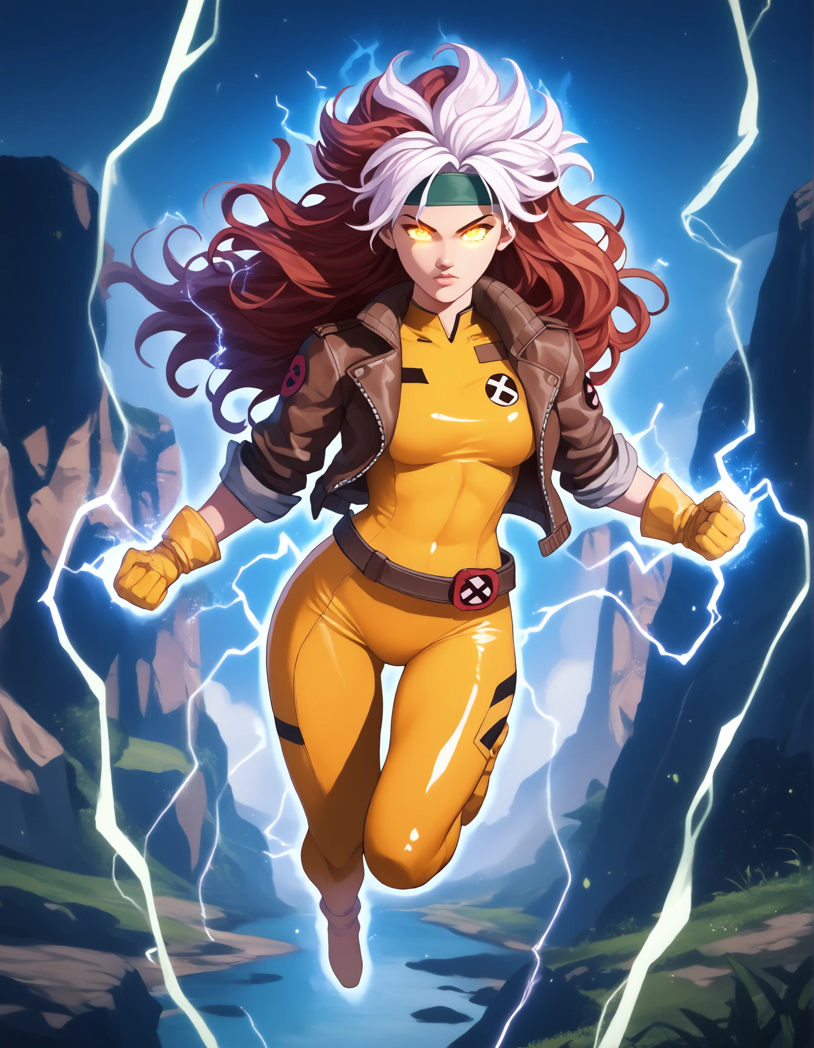 score_9, score_8_up, score_7_up, source_anime, 1girl, solo, DEFrogue, long hair, dyed bangs, headband, bodysuit, jacket, yellow gloves, belt, cr4ckl3, electricity, glowing eyes, whiteglow, outdoors, floating, full body, aura energy, UltraInstInctAura, aura, light particles, glowing skin, glowing clothes,
