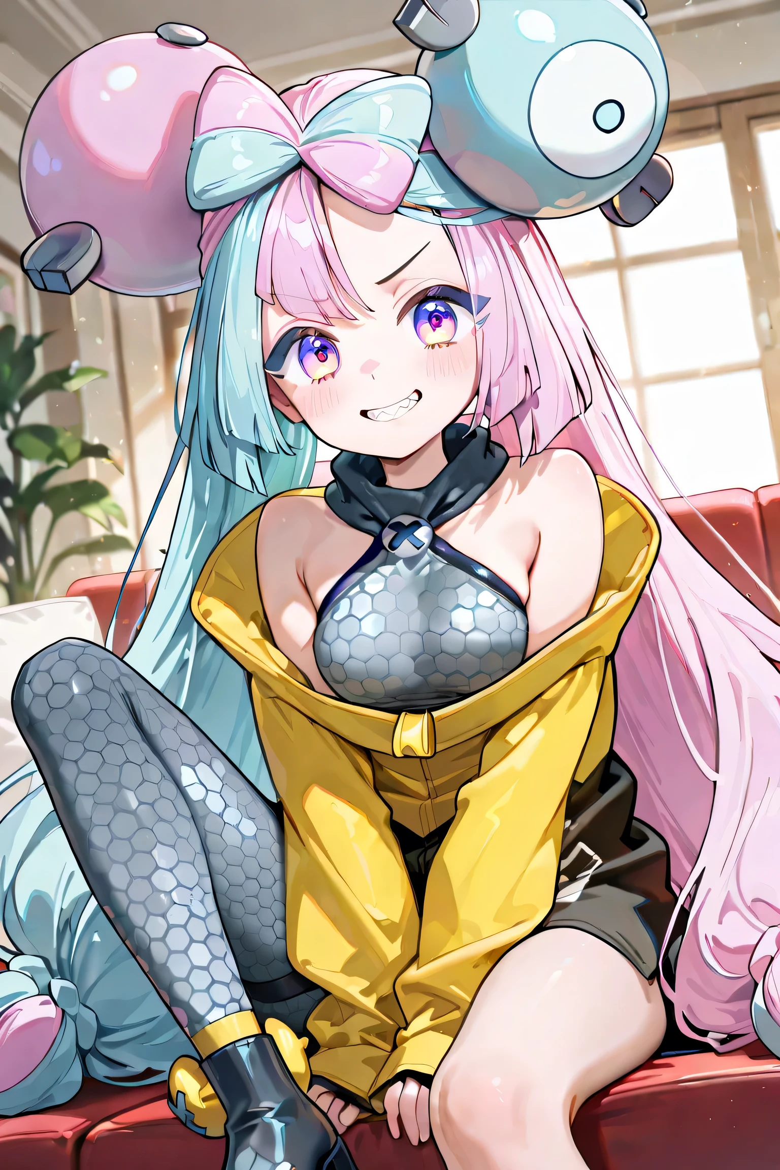 iono (Pokémon Scarlet and Violet), young girl , ((((Just 1 Iono)))), medium breasts, very long hair, twintails, bicolor hair, light blue and pink hair, two-toned eyes, pink and blue eyes, ((provocative expression), Provocative smile, face scarf, NO neck accessories, anime clothes/jogo, large yellow jacket, long sleeves, Cheomgsam gray checkered, Cheomgsam short, short black short, gray checkered pantyhose, pantyhose on just one leg, black shoes, extremely detailed clothes, inside the house, sitting on the couch, bottom view, angle of the image facing the viewer, 4k, Best Quality, obra-prima.