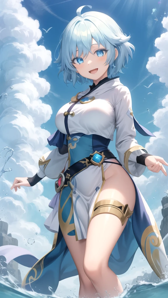 NSFW,Girl pulling up white dress,((bared chest)),(shorth hair) ,(Blue and green eyes),((Heterochromia)),Cap on the head,the witch,sorcerer,Fantasia,Princess,Revealing clothes, Lori,small tits,Curvaceous,Exposed genitals,Provocative face,((1man with 1woman,Having sex)), Cowgirl, Riding on top of a naked man,A is inserted,High resolution,Best Quality