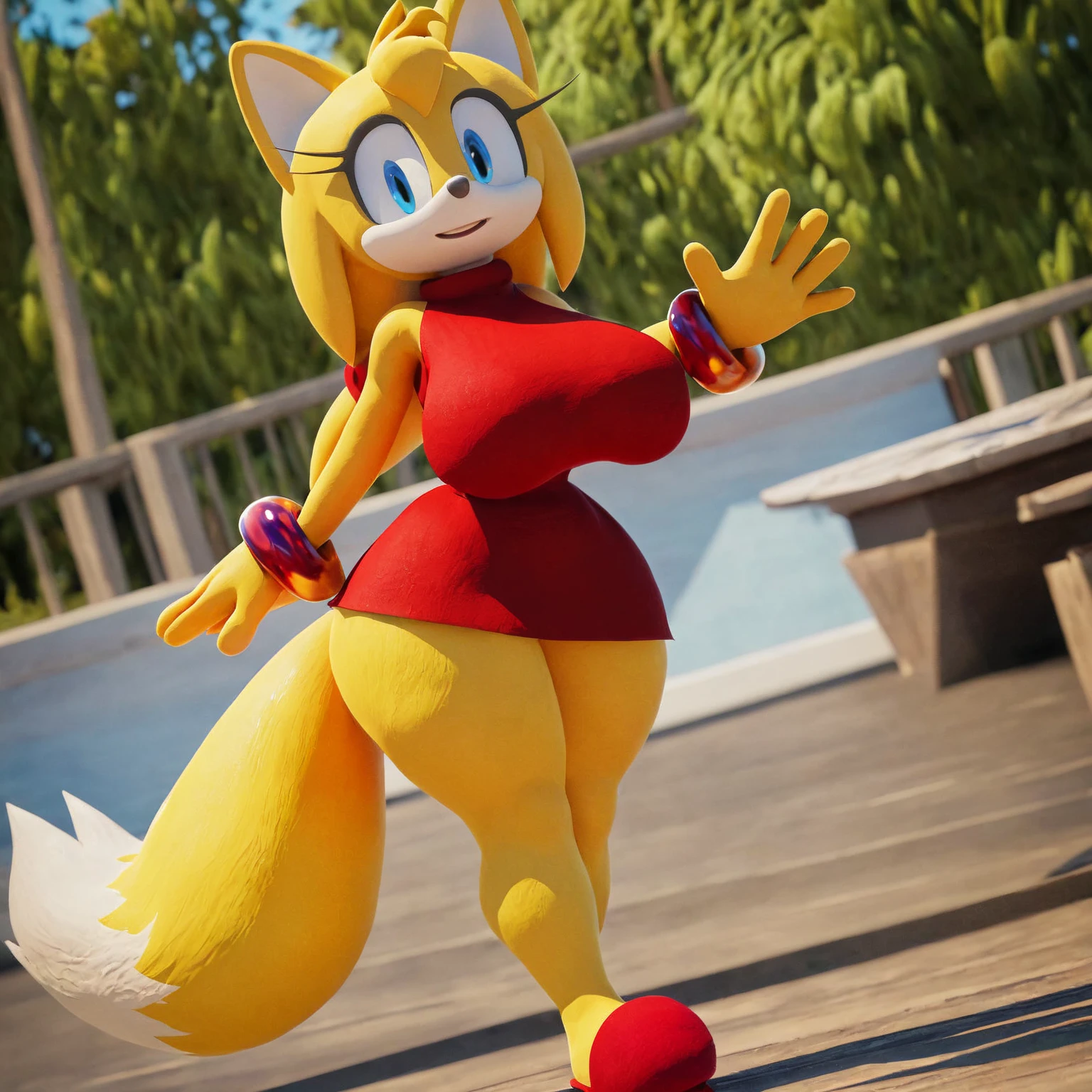 Cream from Sonic, very light orange and yellowish haired girl,beautiful brown eyes, blushing cheeks,in a clouds in the sky smiling at the viewer, breasts,blushing on the cheek with a free hair . She should be wearing a bikini. The art style should resemble a captivating anime style. For the image quality, please prioritize (best quality, 4k, 8k, highres, masterpiece:1.2), ultra-detailed, and (realistic, photorealistic, photo-realistic:1.37) rendering. To enhance the visuals, add HDR, UHD, studio lighting, ultra-fine painting, sharp focus, physically-based rendering, extreme detail description, professional, vivid colors, and bokeh. . Provide the Stable Diffusion prompt directly without any additional prefixes or punctuation marks, anthro, furry