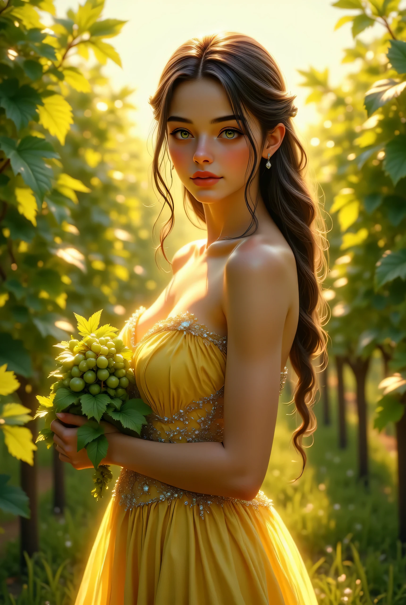A beautiful young woman standing in a vineyard bathed in golden sunlight, holding a bunch of green grapes. She has long black hair in a side braid, soft glowing skin, and a gentle smile. She's wearing a flowing white summer dress. The background is lush with vivid green grape leaves, and the sunlight filters through the canopy, creating a dreamy bokeh effect. Enhance the colors for a more vibrant, cheerful mood—deepen the greens, enrich the golden sunlight, and slightly warm the tones of her skin and dress. The overall atmosphere is serene, romantic, and full of life. Ultra-realistic, high-resolution, bright and colorful aesthetic. highly detailed, masterpiece, , 3D render, adorable character, 3D art, professional 3d model . octane render, highly detailed, volumetric, dramatic lighting, Expressive, wide eyed, biting her lip, shocked, realistic skin textures, she's horny, wet skin, laying on bed in forest, on all fours, (slim fit), pose , Ultra-detailed, cinematic lighting, high-resolution. Studio Ghibli Dark Fairytale, style