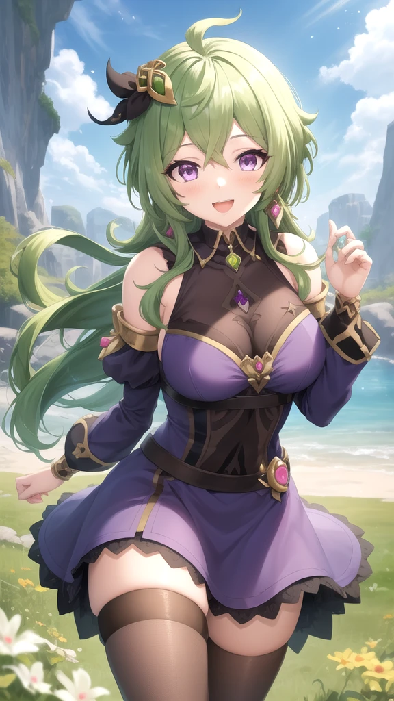 NSFW, masterpiece、highest quality、ultra high resolution、maximum resolution、very detailed、professional lighting、anime、adult woman、thin、so beautiful、beautiful face、armored dress、Emerald armor、golden decoration、luxurious tiara、Golden earrings、Frilly Armor、Purple hair、Golden Eyes、Pouch on waist、female hunter、Quiver on waist、white underwear、lake、Overall view、prepare a bow、open leg pose、Faces aiming for prey、elf