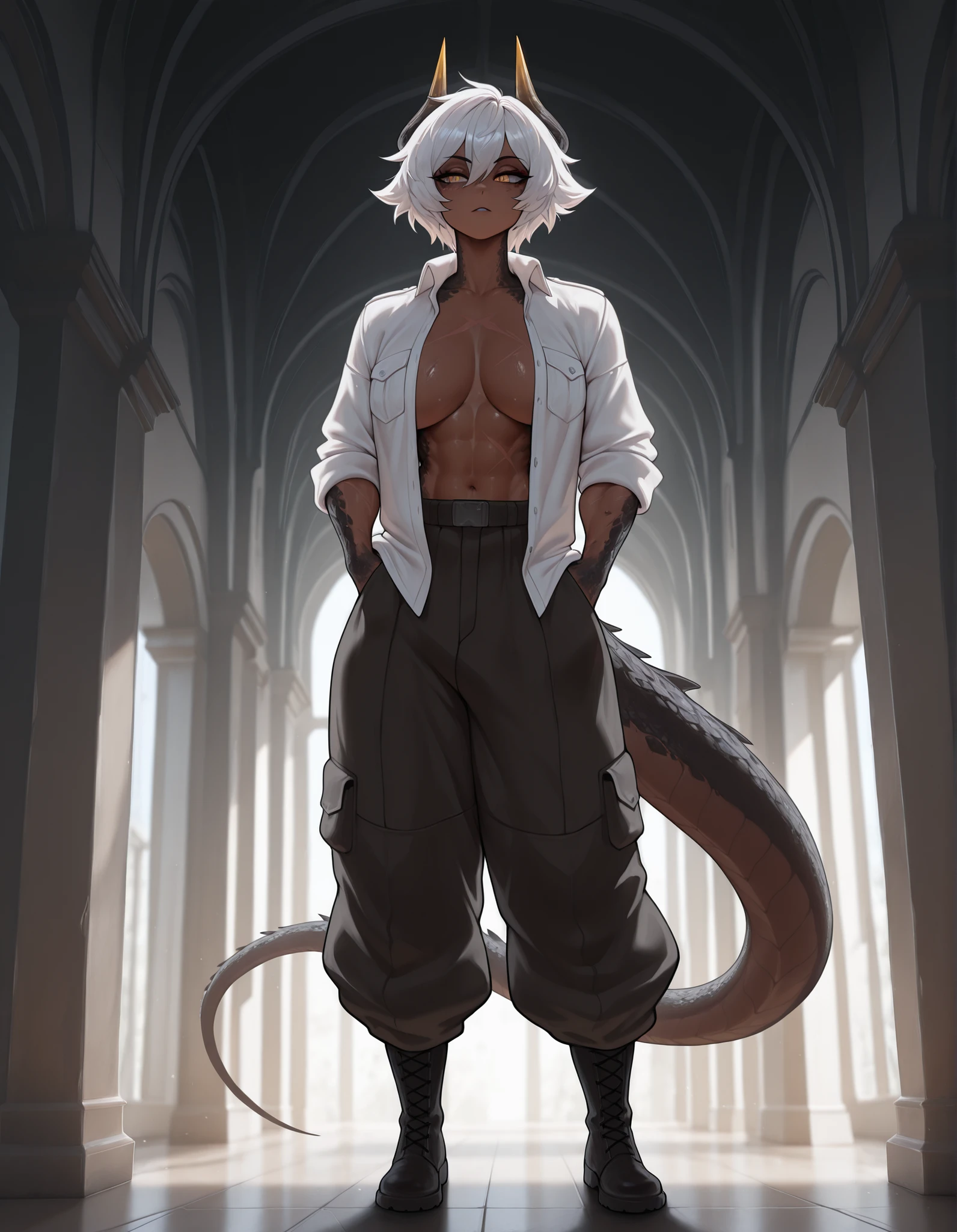 masterpiece, best quality, amazing quality, very aesthetic, absurdres, newest, scenery, extreme detail, 8k, detailed eyes, yellow eyes, by Riolutiny, female, scalie arms and neck, solo, tall, horns, extremely detailed scales, short spiky white hair, short hair, dark skin tone, (wearing baggy pants:1.3), wearing open white shirt, rolled up sleeves, dark scales, strong tail, wide chest, strong, muscular, ripped body, scars on body, curvaceous, dark pants, maid jacket, military boots, proporcional toned body, wide chest, calm pose, athletic, hands in pockets, BREAK background is simple and muted, with a gradient effect and soft, neutral tones.