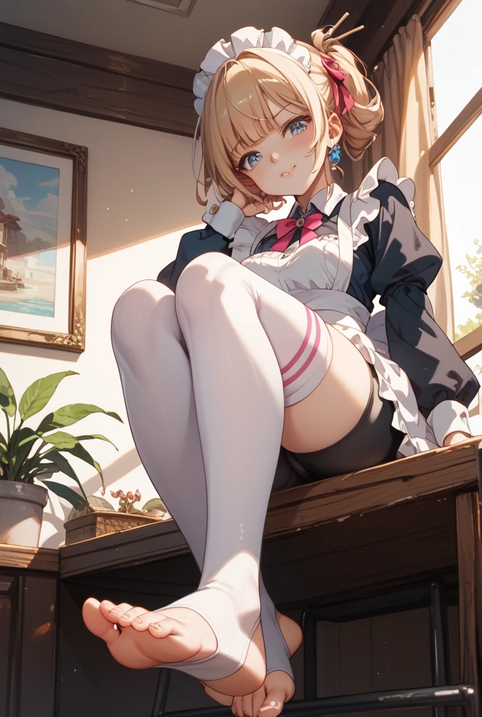 An anime loli sits on a table in white tights and looks down in disgust,The perspective looks up from the foot