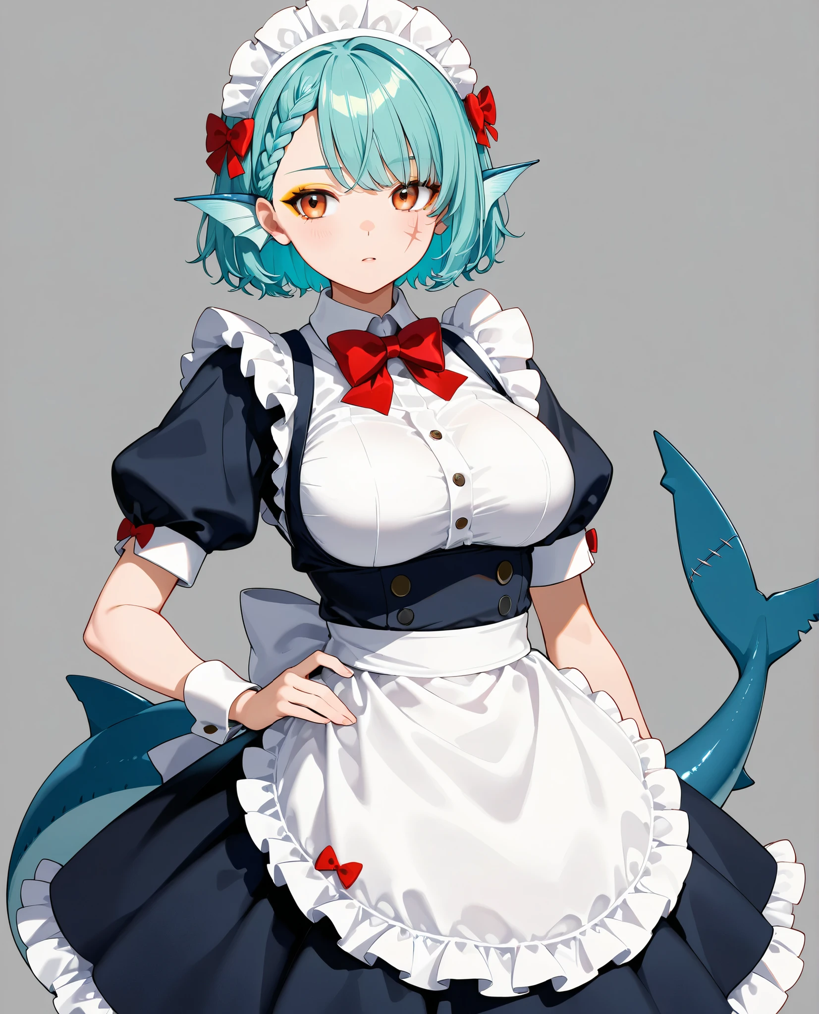1girl, (solo), absurdres, aqua hair, short hair, braided bangs hairstyle, orange_eyes, golden_eyeshadow, 1girl back_bow bow breasts colored_inner_hair fins fish_tail hair_ornament large_breasts looking_back maid maid_headdress multicolored_hair red_bow scar scar_on_tail shark_girl shark_tail short_sleeves simple_background solo spiked_headband tail white_background