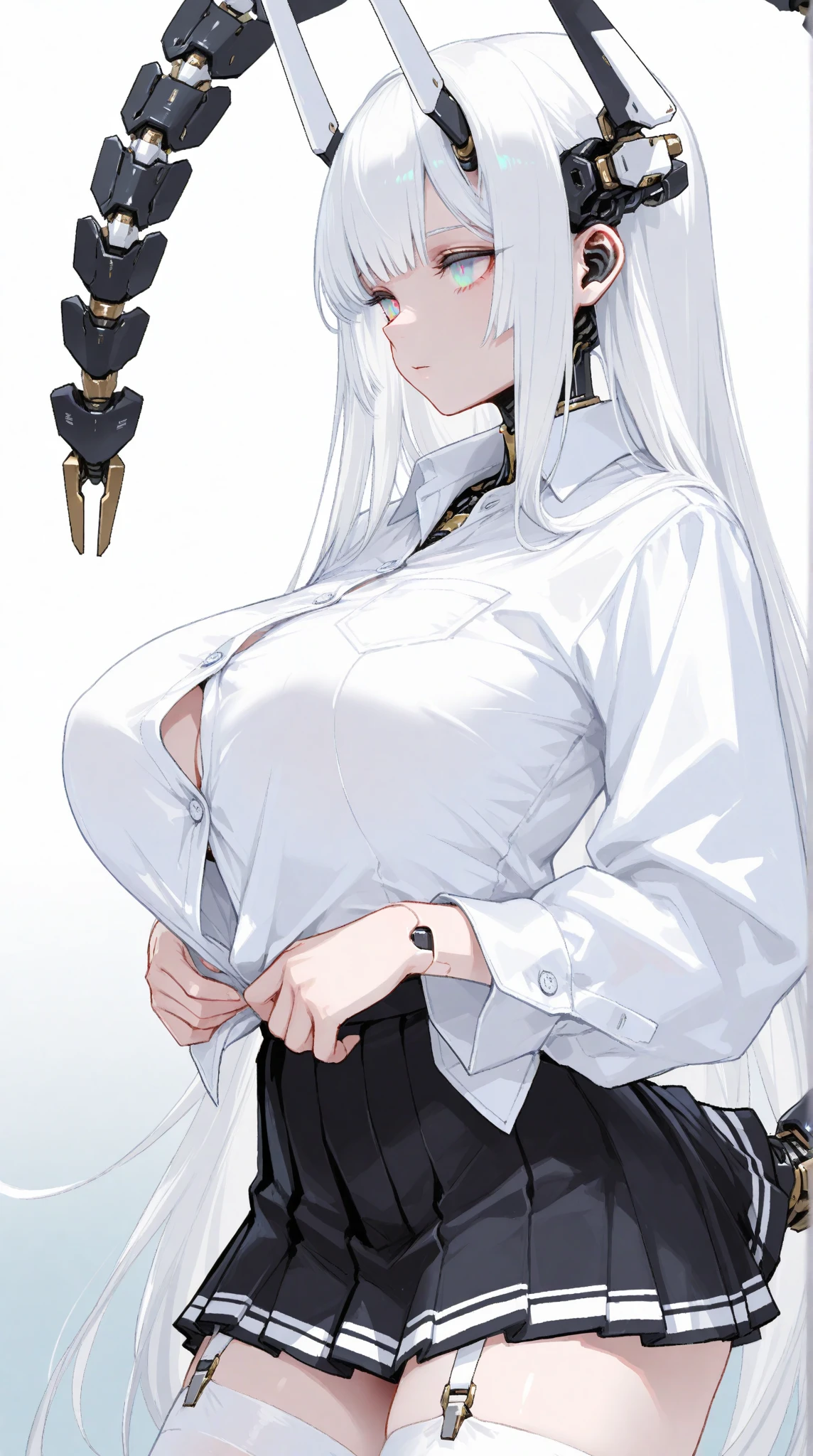 One Woman、((Monochrome、Line art、Bold line))、Grey Hair、long hair、Hair between the eyes、Braid、Grey Eyes、Ahoge、Completely naked、Big Breasts、Huge breasts、Large areola、Nipples、((pubic hair))、Upper Body、Front view、△ Mouth、Are standing、Simple Background、