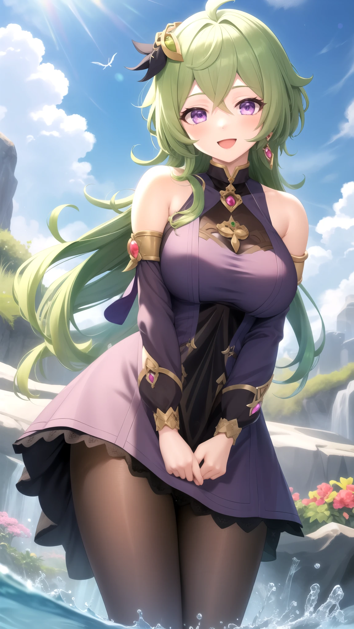 garota cabelo colorido, garota sexy, vestido marcando a bunda, bunda marcada, castelo medieval, anime traits, 8k, muito detalhado, vegetation around, primavera, dia iluminado, beautiful vegetation, castelo imponente
