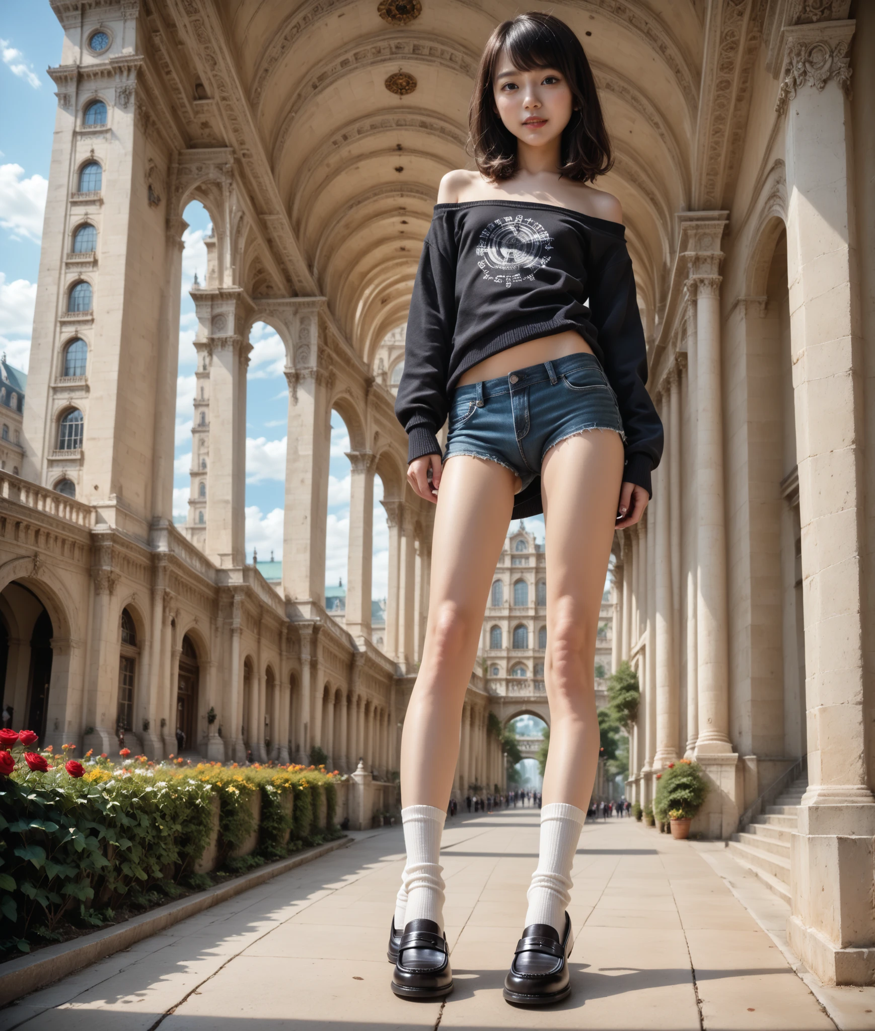 (Young Face), (depth of field), (masterpiece, best quality), highly detailed, blush, grin, happy, light smile, Ultra-realistic, photorealistic, dramatic scene, shadow, global lighting, solo, (photorealistic), (ultra realistic ), ( ultrahigh definition ), leggy, ( flat ches :1.2t), (long legs:1.4), ( skinny Legs), thin thighs, slender hips, slim waist, eyeliner, with a perfect figure, cute face , beautiful expression, ( lively face), beautiful hairstyle, realistic eyes, beautiful details, (realistic skin), beautiful skin, tall 175 cm, 8 heads, model style body. attractive, ultra hi-def , (Increase saturation),(8k、RAW photo, highest quality, anatomically correct,), realistic, length of inseam is half her height, gaunt, lanky, ( slim figure), (POV shot), (from front), (from below), (foot focus), ( Look Down, watching at Viewer), ( full body shot:1.4 ), (Panty shot), ( Japanese famous idol girl), very pretty delicate Japanese girl, very beautiful and very cute but boyish cool face, hairflower, rose and lily, sweater, turtleneck, evony, sweater, off shoulder, knit, detached elbow warmers, evony, warmers, knit, booty shorts, micro mini shorts, thigh high socks, white, socks, penny loafer, black, loafer, a girl is standing with a Rolleiflex TLR camera hanging around her neck, amazing view of , Saint Basil's Cathedral on the Red Square in Moscow over a vast stone pavement