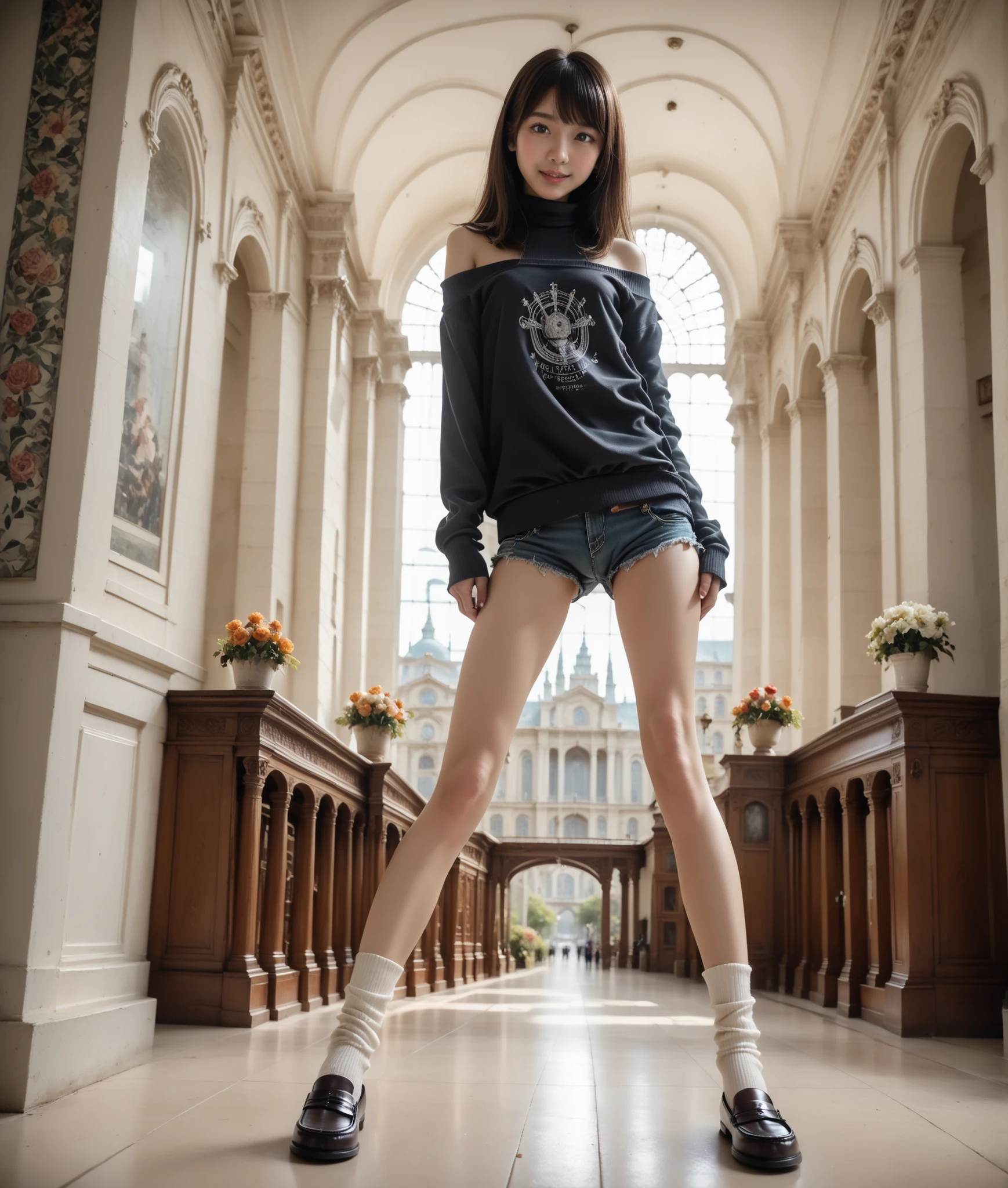 (Young Face), (depth of field), (masterpiece, best quality), highly detailed, blush, grin, happy, light smile, Ultra-realistic, photorealistic, dramatic scene, shadow, global lighting, solo, (photorealistic), (ultra realistic ), ( ultrahigh definition ), leggy, ( flat ches :1.2t), (long legs:1.4), ( skinny Legs), thin thighs, slender hips, slim waist, eyeliner,  with a perfect figure, cute face , beautiful expression, ( lively face),  beautiful hairstyle, realistic eyes,  beautiful details, (realistic skin), beautiful skin, tall 175 cm, 8 heads, model style body. attractive, ultra hi-def , (Increase saturation),(8k、RAW photo, highest quality, anatomically correct,), realistic, length of inseam is half her height, gaunt, lanky, ( slim figure), (POV shot), (from front), (from below), (foot focus), ( Look Down, watching at Viewer), ( full body shot:1.4 ), (Panty shot), ( Japanese famous idol girl), very pretty delicate Japanese girl, very beautiful and very cute but boyish cool face, hairflower, rose and lily, sweater, turtleneck, evony, sweater, off shoulder, knit, detached elbow warmers, evony, warmers, knit, booty shorts, micro mini shorts, thigh high socks, white, socks, penny loafer, black, loafer, a girl is standing with a Rolleiflex TLR camera hanging around her neck, amazing view of , Saint Basil's Cathedral on the Red Square in Moscow over a vast stone pavement