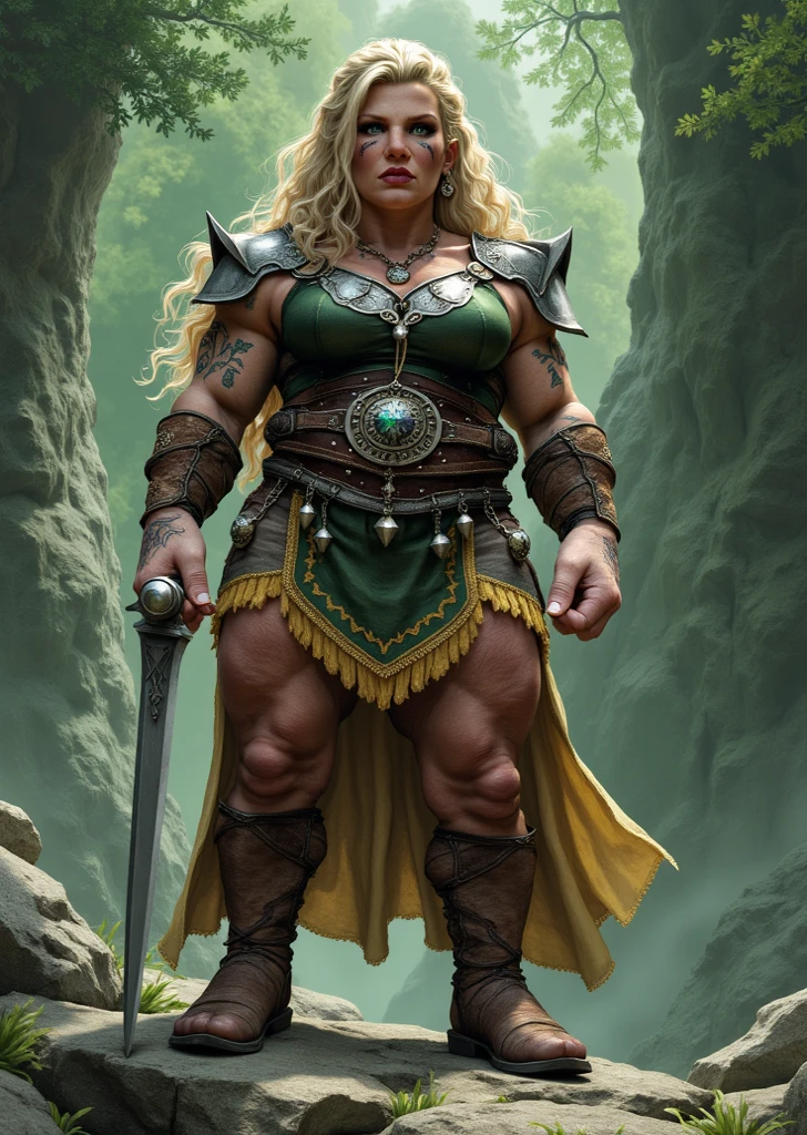 mulher guerreira, corpo musculoso, gigante, Intimidating dwarves, campo de batalha, Prehistoric war scenario, fantasia, detalhes intrincados, 8k