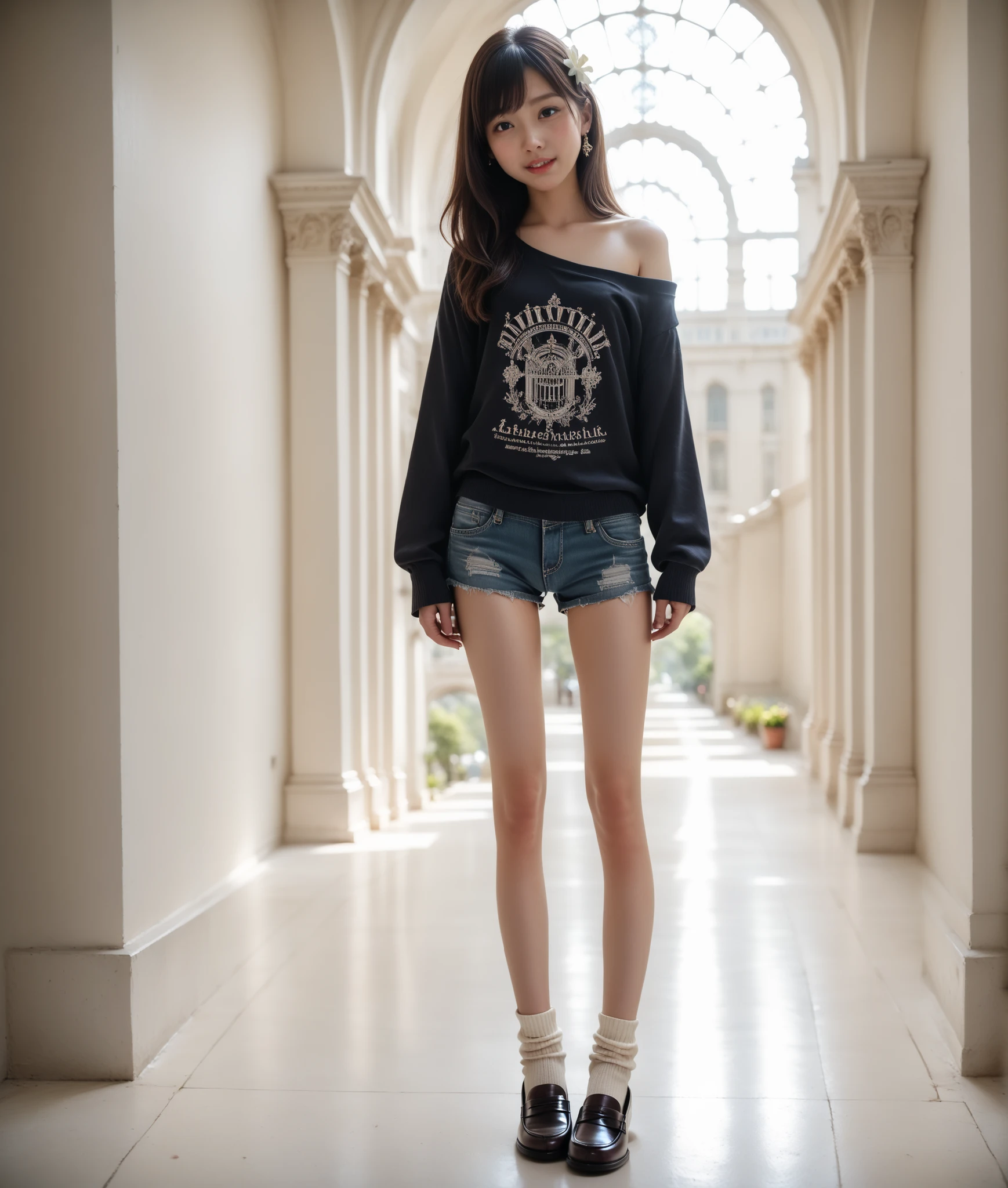 (Young Face), (depth of field), (masterpiece, best quality), highly detailed, blush, grin, happy, light smile, Ultra-realistic, photorealistic, dramatic scene, shadow, global lighting, solo, (photorealistic), (ultra realistic ), ( ultrahigh definition ), leggy, ( flat ches :1.2t), (long legs:1.4), ( skinny Legs), thin thighs, slender hips, slim waist, eyeliner, with a perfect figure, cute face , beautiful expression, ( lively face), beautiful hairstyle, realistic eyes, beautiful details, (realistic skin), beautiful skin, tall 175 cm, 8 heads, model style body. attractive, ultra hi-def , (Increase saturation),(8k、RAW photo, highest quality, anatomically correct,), realistic, length of inseam is half her height, gaunt, lanky, ( slim figure), (POV shot), (from front), (from below), (foot focus), ( Look Down, watching at Viewer), ( full body shot:1.4 ), (Panty shot), ( Japanese famous idol girl), very pretty delicate Japanese girl, very beautiful and very cute but boyish cool face, hairflower, rose and lily, sweater, turtleneck, evony, sweater, off shoulder, knit, detached elbow warmers, evony, warmers, knit, booty shorts, micro mini shorts, thigh high socks, white, socks, penny loafer, black, loafer, a girl is standing with a Rolleiflex TLR camera hanging around her neck, amazing view of , Saint Basil's Cathedral on the Red Square in Moscow over a vast stone pavement