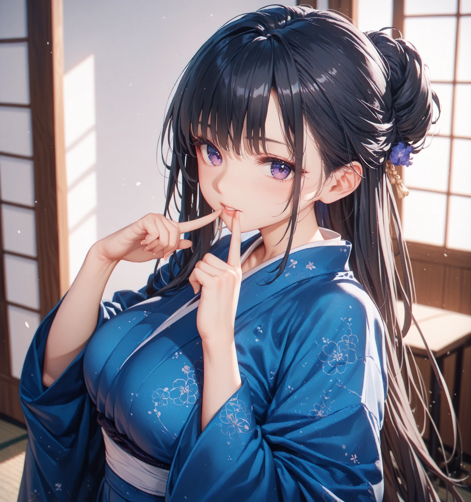 masterpiece, ultra quality, 4K, Extremely delicate and beautiful girl,Extremely delicate and beautiful, world masterpiece theater, Extremely detailed, Very detailed, best quality, High resolution, Very detailed,(loli:1.5),tiny, ((black long hair)),(blunt bangs:1.5,hair over eyes:1.4),(((petite body,skinny))),(huge gigantic breasts:1.4,cleavage), (yukata:1.3),(wariza:1.3),(from front:1.7),japanese room,night,moon light,view from window,full moon,shining moon light,