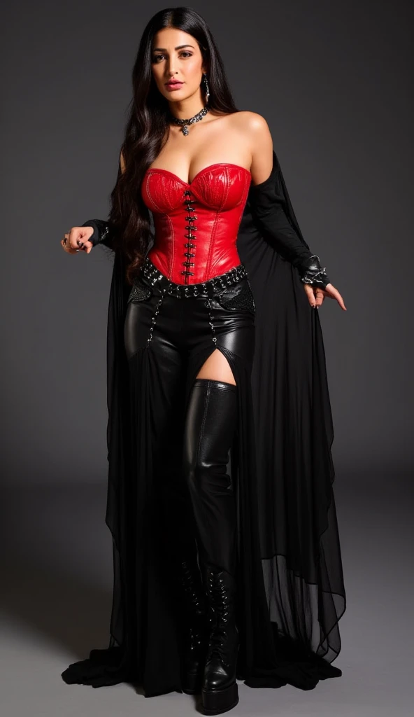 a 19 year old Evil (Romanian:1.4) sorceress wearing (heavy black robes:1.4) (intricately stitched red trim:1.4), (red pants:1.4), (tight red corset:1.3), (black knee high lace up boots), standing next to a (Giant Black coiled Cobra:1.1), action pose, stone fortress background, lightning storm in the sky, dark night, full crescent moon, dramatic dark style, detailed face, petite, natural large breasts, cleavage, real skin, textured skin, intricately detailed eyes, perfect lips, cinematic lighting, (subsurface scattering:0.9)